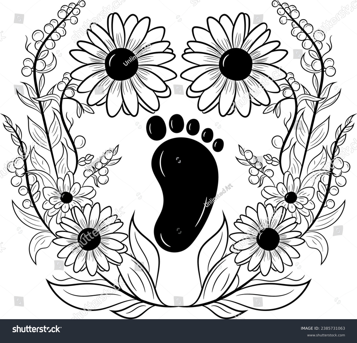 SVG of Black And White Baby Footprint With Flowers svg