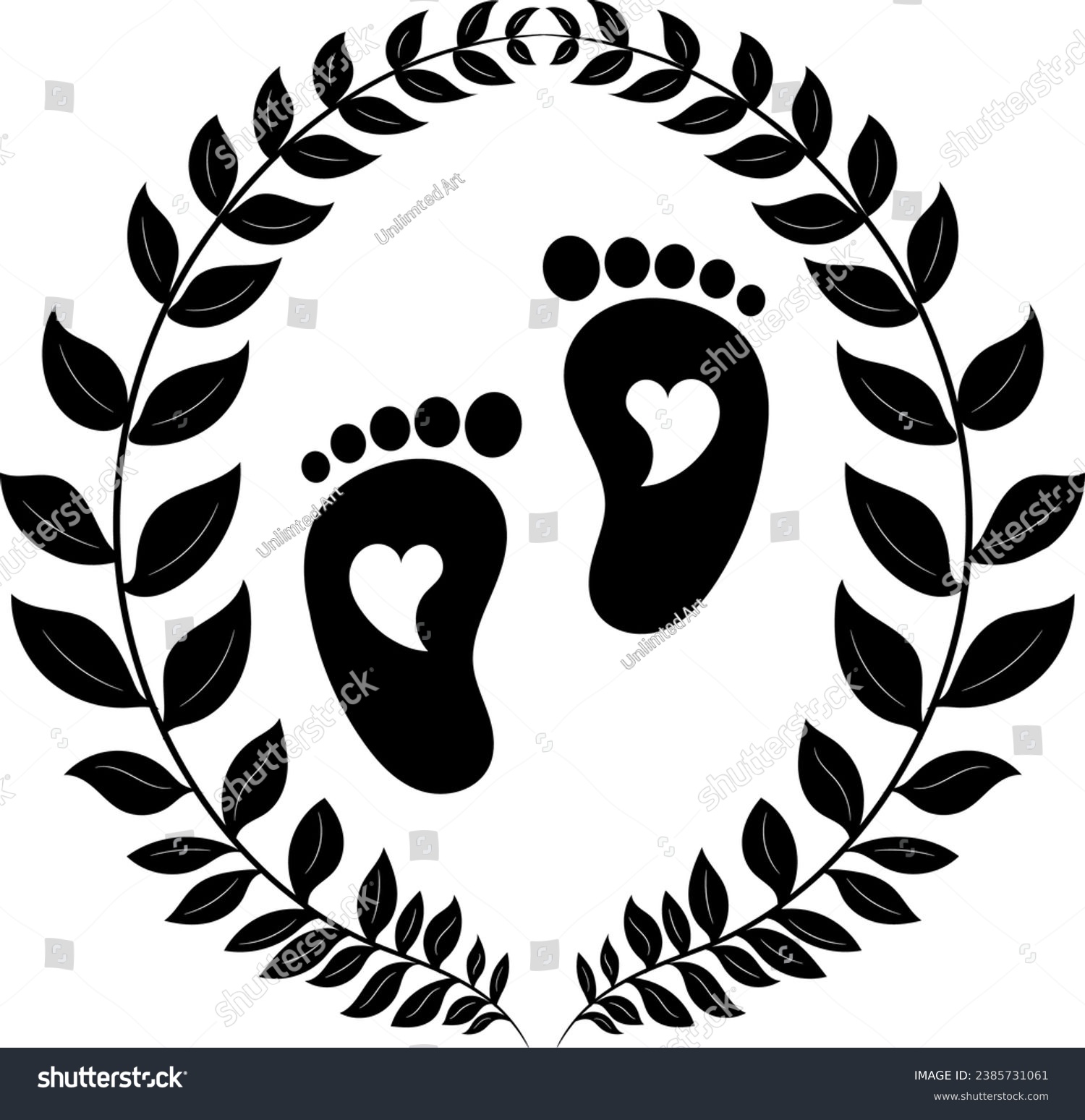 SVG of Black And White Baby Footprint With Leaves svg