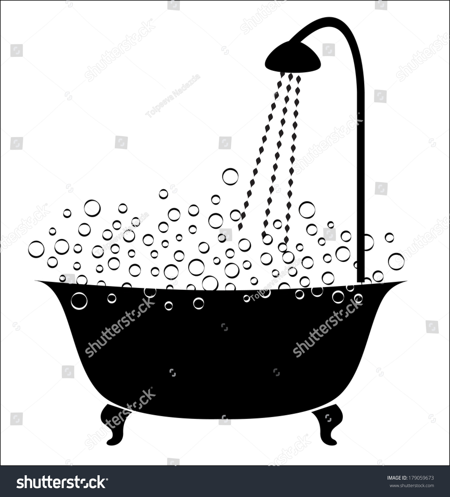 Black And White Bath With Bubbles And Shower Stock Vector Illustration ...