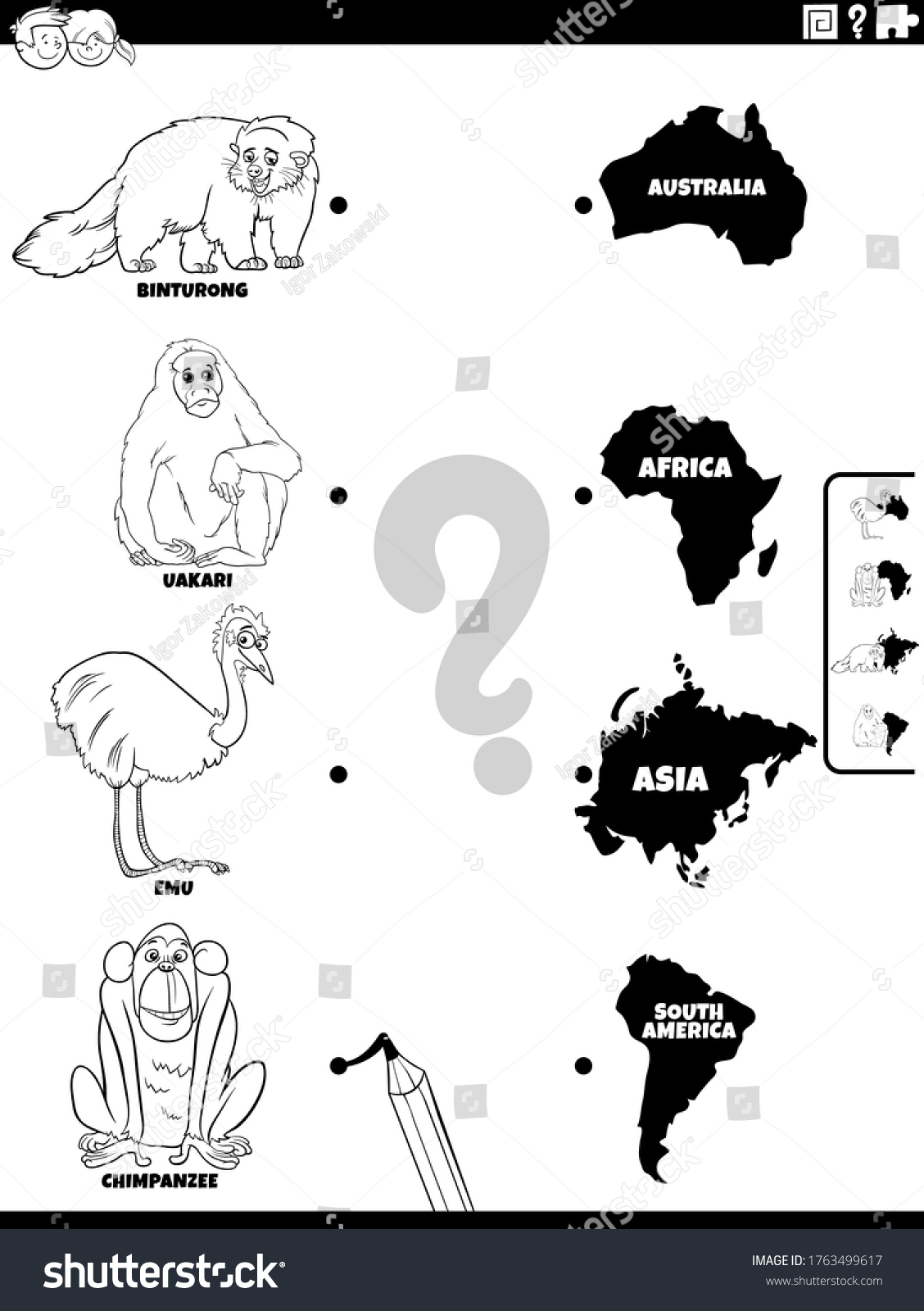 SVG of Black and White Cartoon Illustration of Educational Matching Game for Children with Wild Animal Species Characters and Continent Shapes Coloring Book Page svg