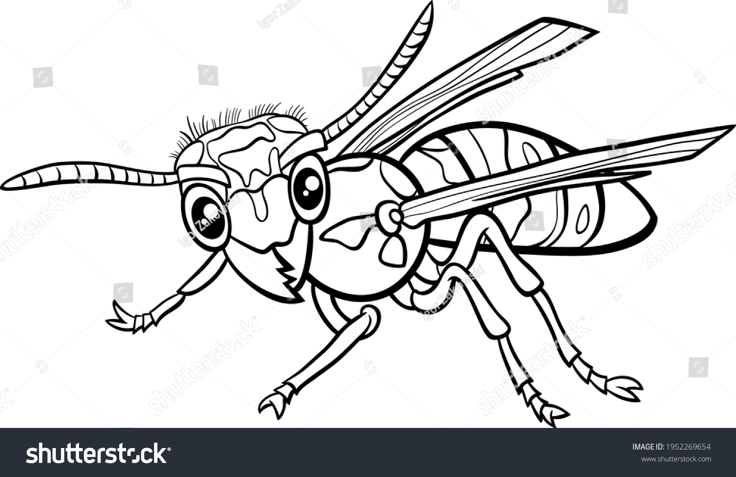SVG of Black and white cartoon illustration of yellowjacket or wasp insect animal character coloring book page svg