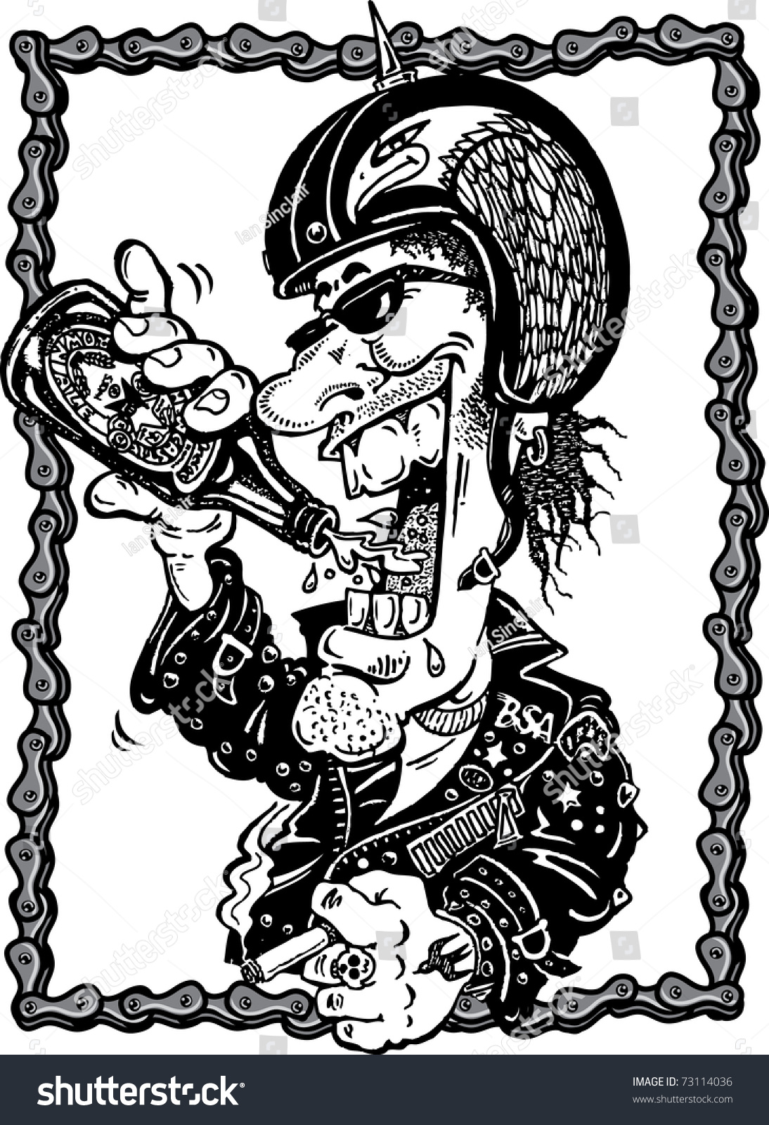 Black And White Cartoon Of Motor Biker In Leather Jacket Drinking Beer ...