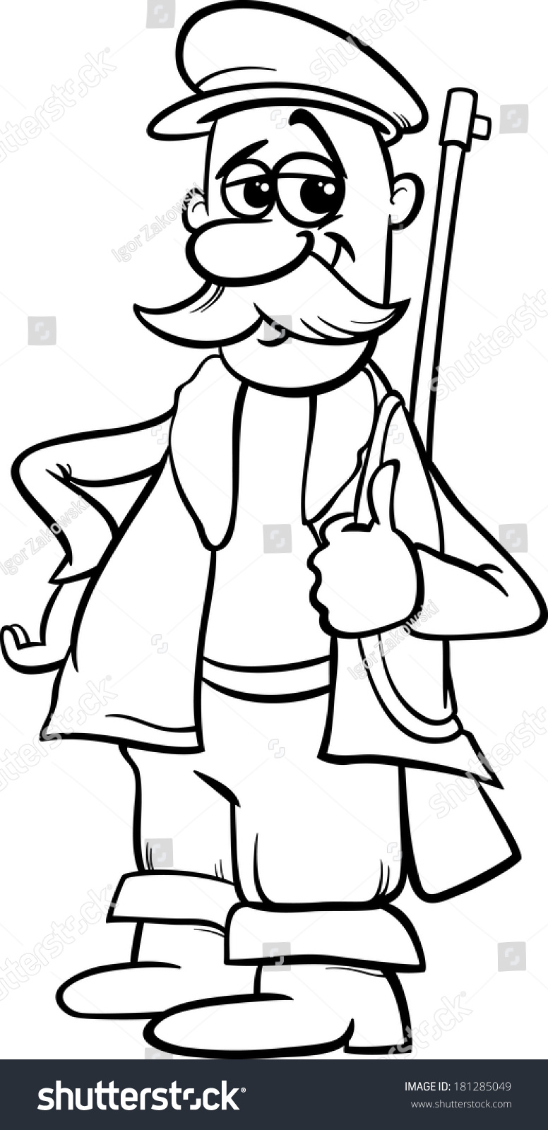 Black and White Cartoon Vector Illustration of Hunter Character from Little Red Riding Hood Fairy Tale