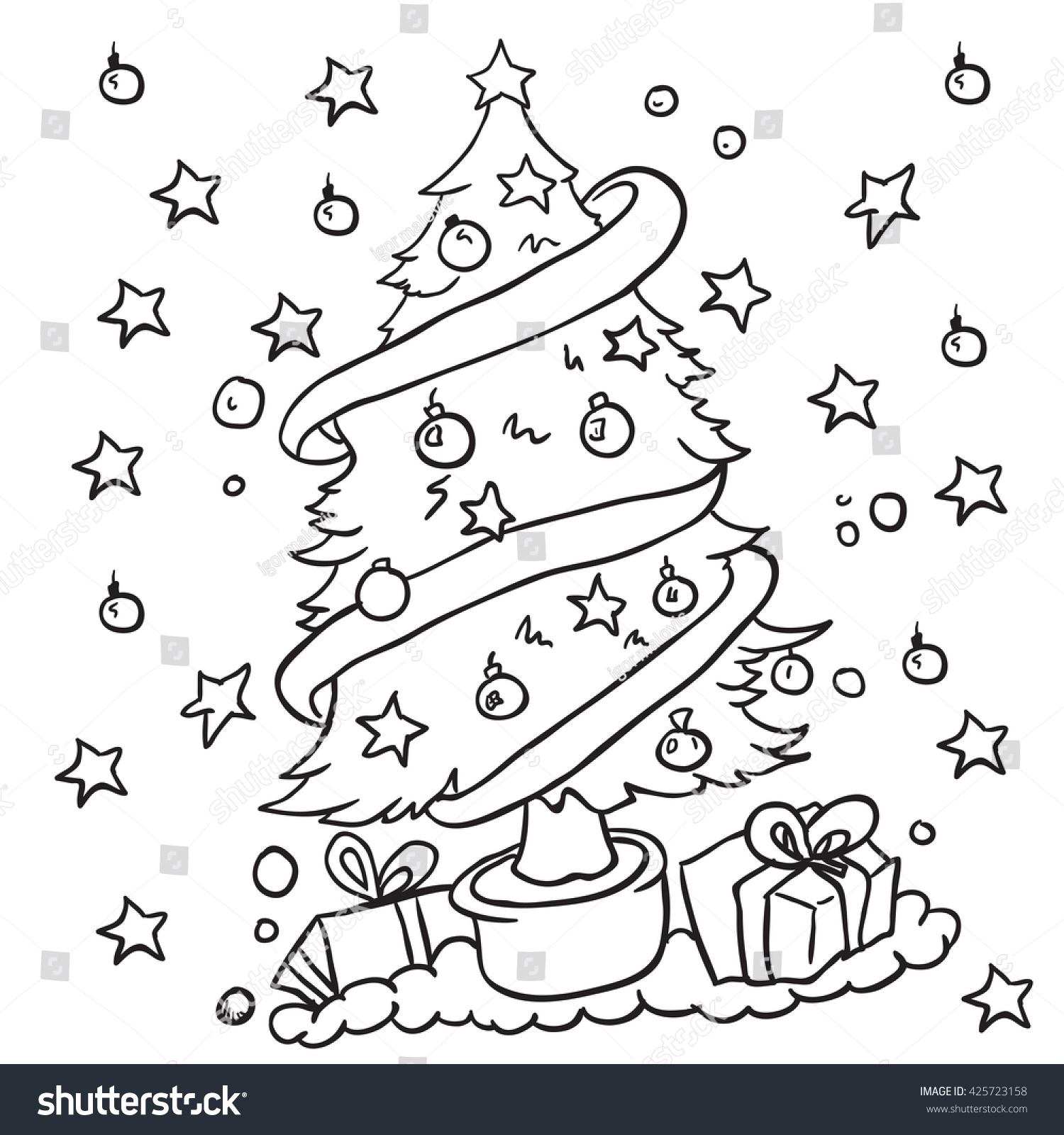 Black White Christmas Tree Cartoon Stock Vector (Royalty Free