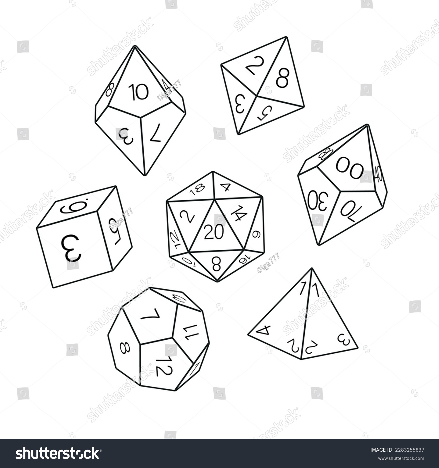 SVG of Black and white dice collection, hand drawn. D8 D10 D12 D20 Board game dice, RPG dice set for board games vector svg