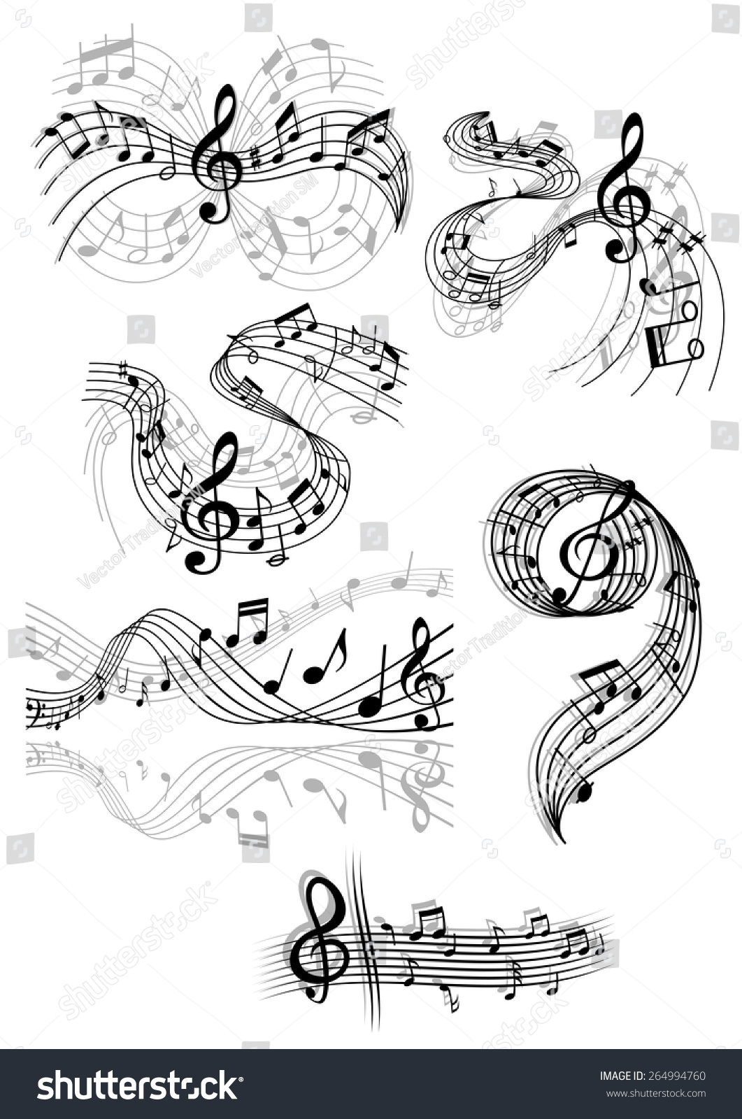 Black And White Drawings Of Swirling Musical Scores And Notes With ...