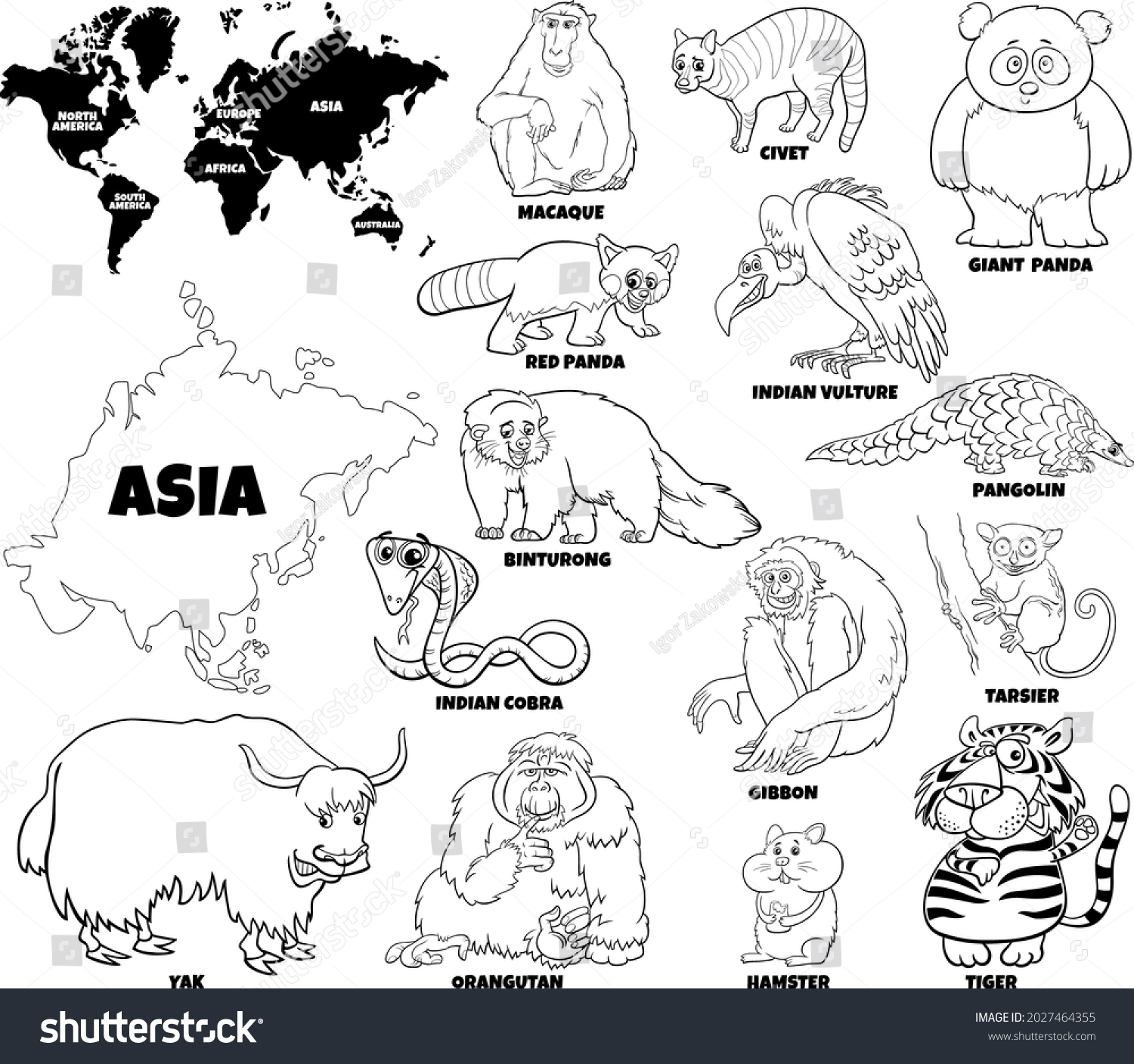 SVG of Black and white educational cartoon illustration of Asian animal species set and world map with continents shapes coloring book page svg