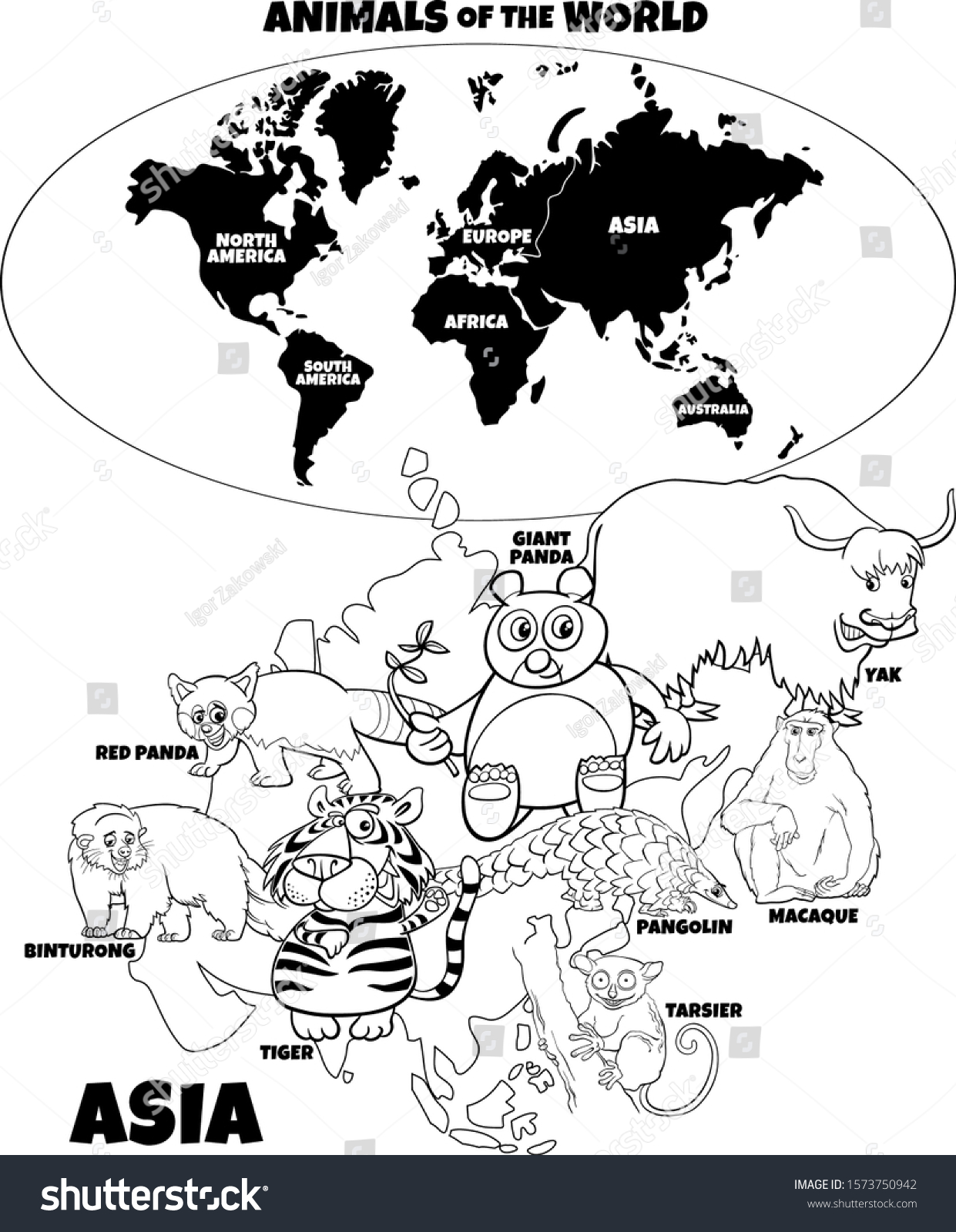 SVG of Black and White Educational Cartoon Illustration of Asian Animals and World Map with Continents Coloring Book Page svg