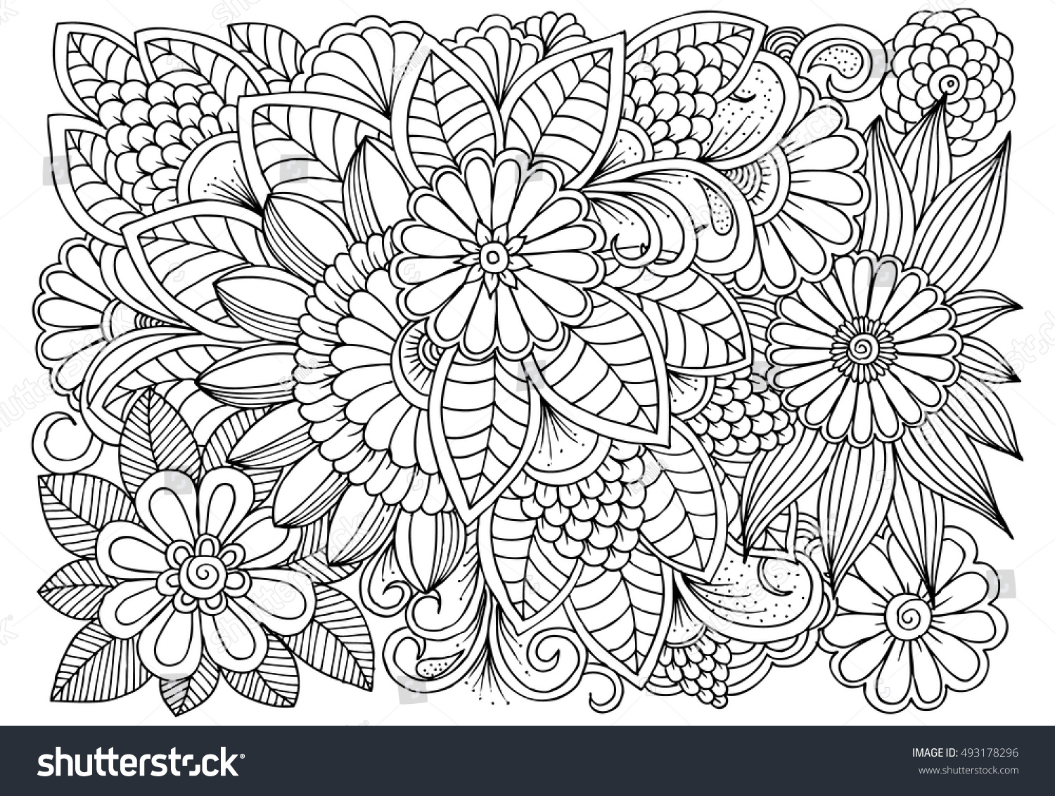 Black White Flower Pattern Coloring Doodle Stock Vector