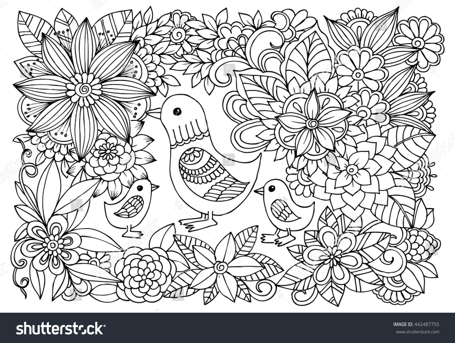 Black White Flower Pattern Ducks Coloring Stock Vector