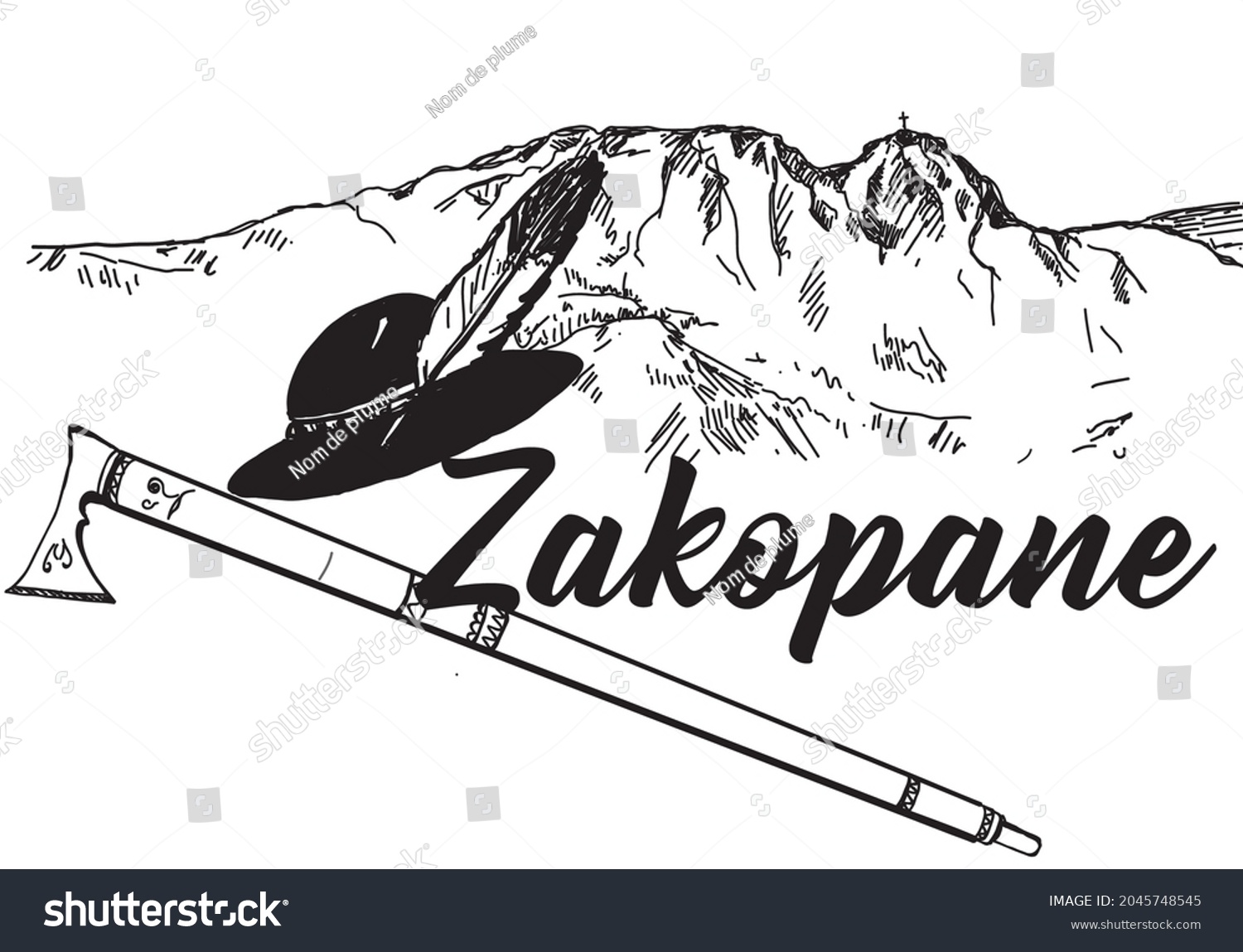 SVG of Black and white hand drawing showing the inscription Zakopane and the mountains, a highlander ciupaga and a hat. svg