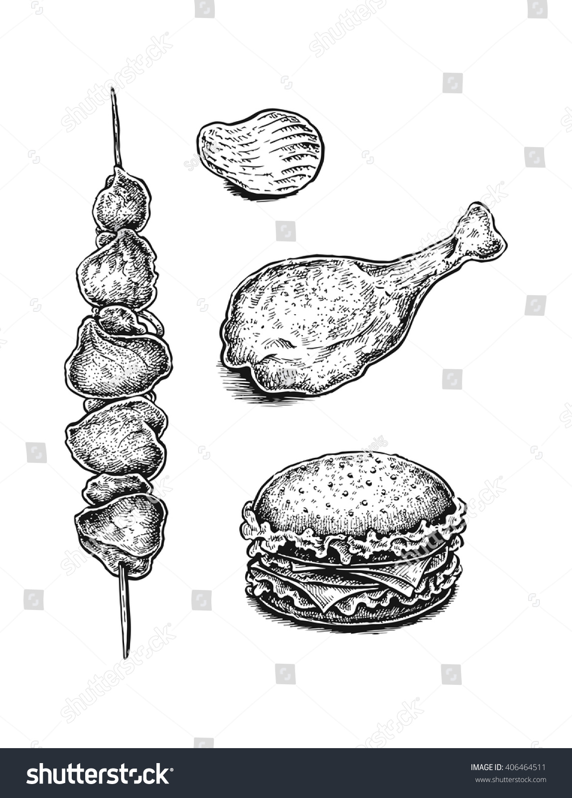 SVG of Black and white hand drawn fast food set: sandwich, kebab, fried chicken leg and chips. Vector illustration svg