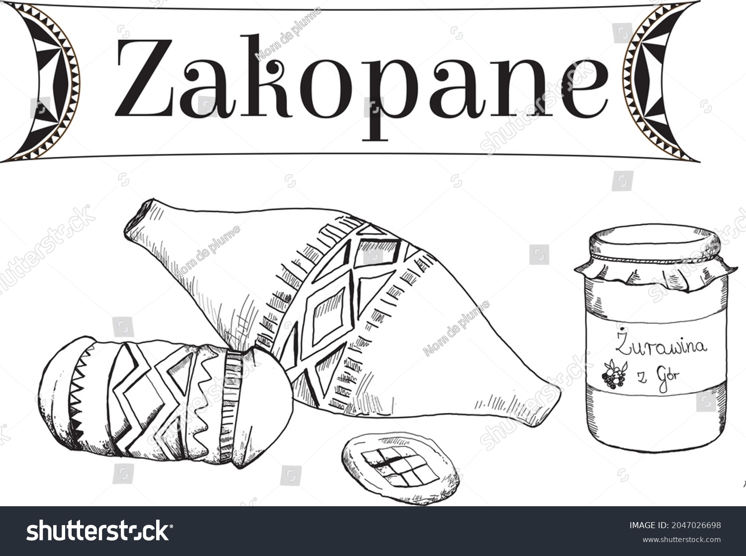 SVG of Black and white hand-drawn graphics with the word Zakopane and cheese produced in the mountains in Podhale and regional preserves. svg