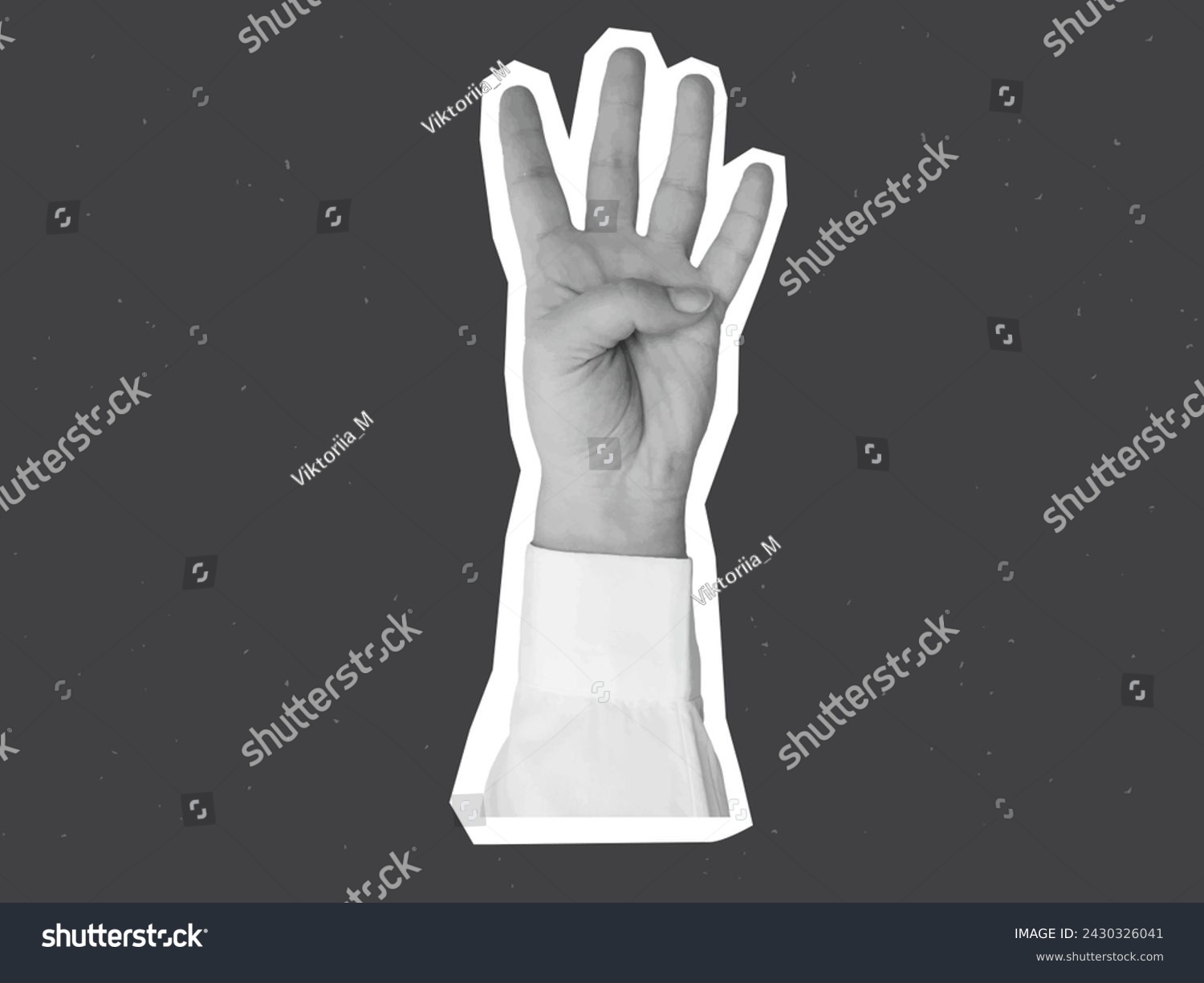 SVG of Black and white hand in a white shirt shows four fingers - element for collage. Vector illustration svg