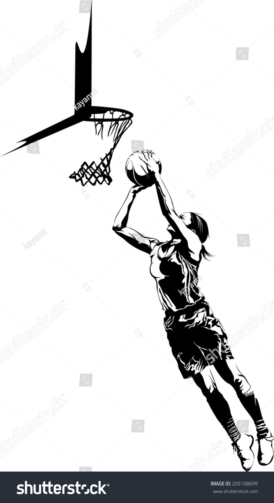 跳ね返したバスケットボールを撃つ女の子の白黒のイラスト のベクター画像素材 ロイヤリティフリー