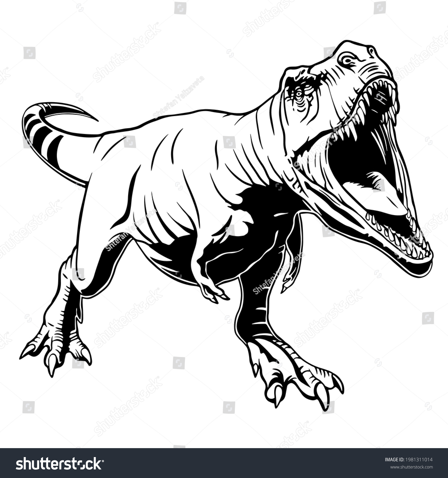 SVG of Black and white illustration of an ancient dinosaur trex type animal. File clipart cut and print svg