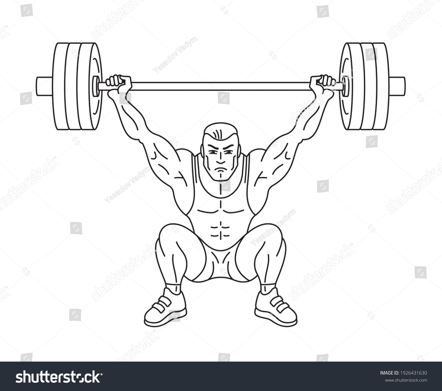 SVG of Black and white illustration of strong muscular weightlifter who lifting barbell.  Illustration of weightlifting snatch execution. Linear style svg