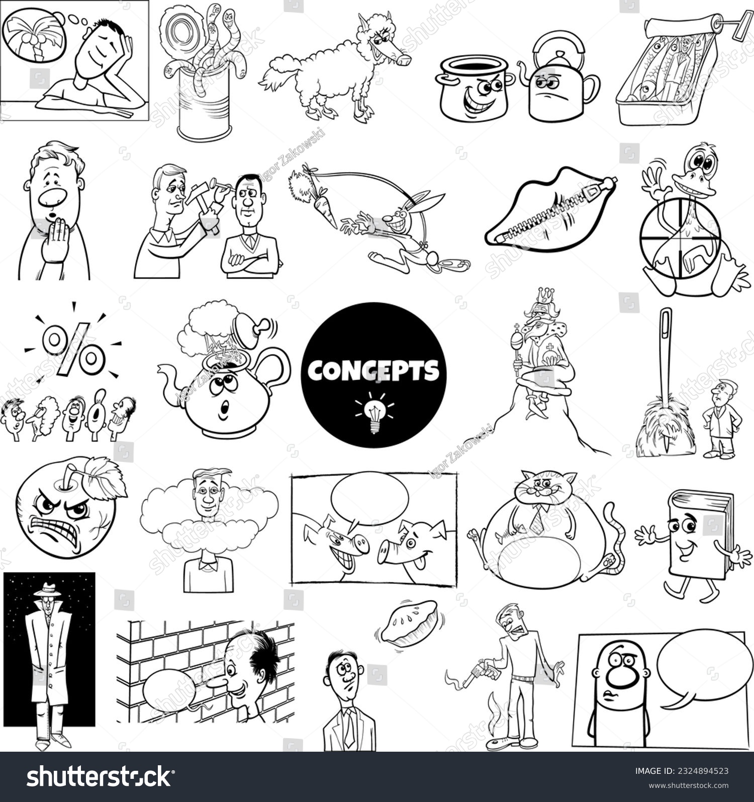 SVG of Black and white ilustration set of humorous cartoon concepts or metaphors and ideas with comic characters svg