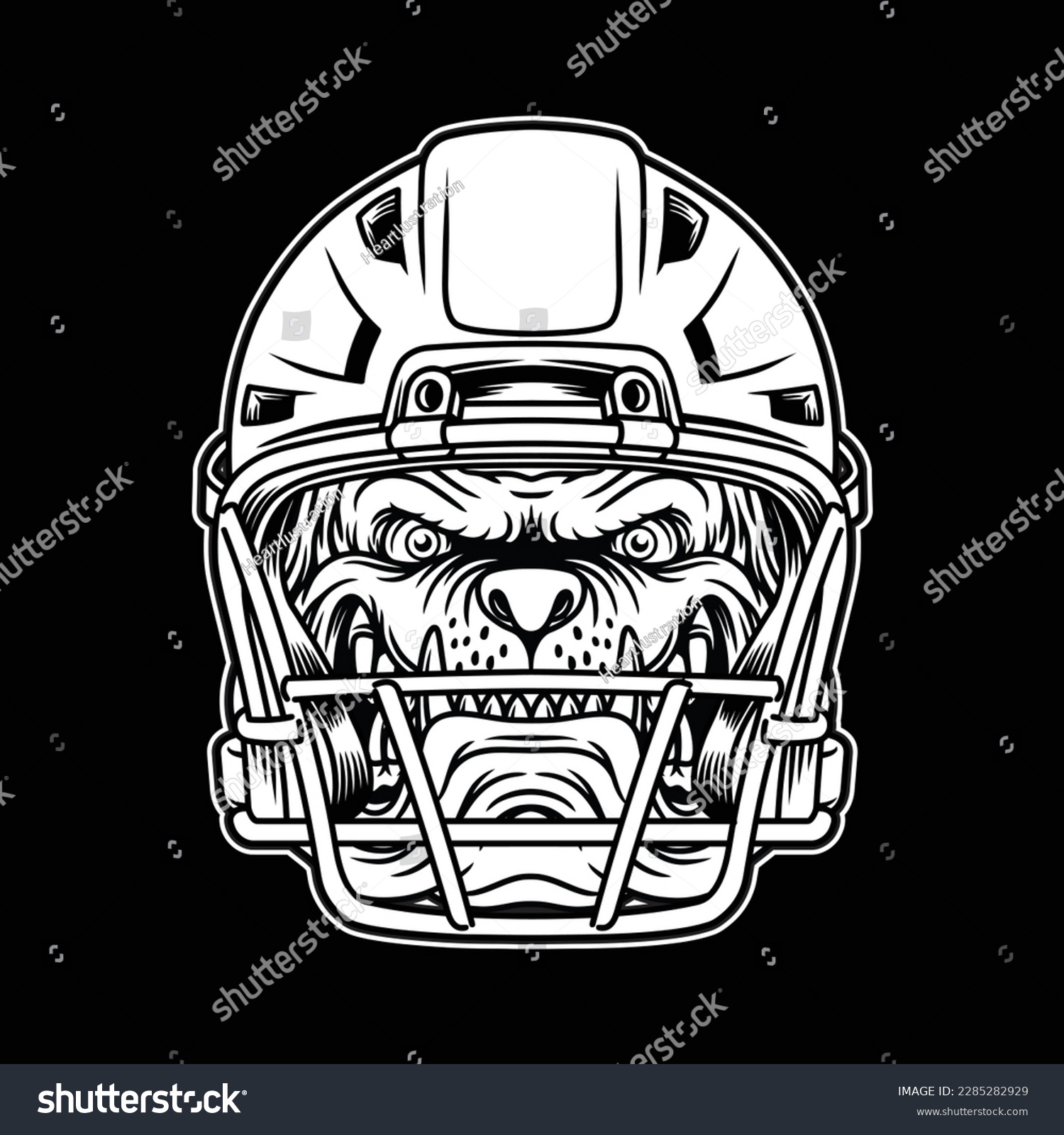SVG of black and white image showing a bulldog who became the mascot of American football, and wore the helmet of an American football player. svg