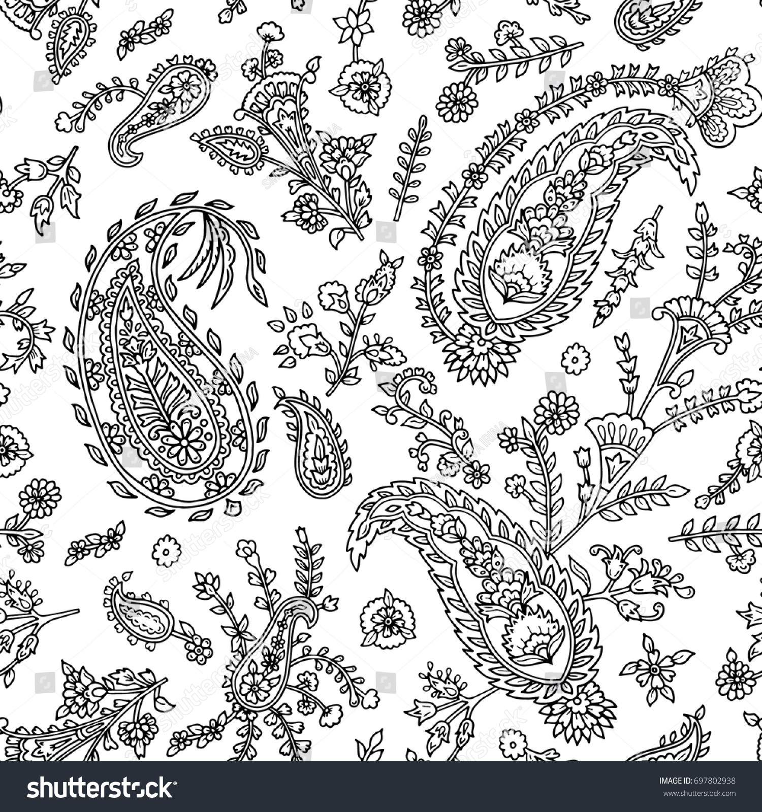 Black White Indian Paisley Flower Pattern Stock Vector Royalty Free Black and white indian paisley flower pattern with peacock feathers seamless vector illustration