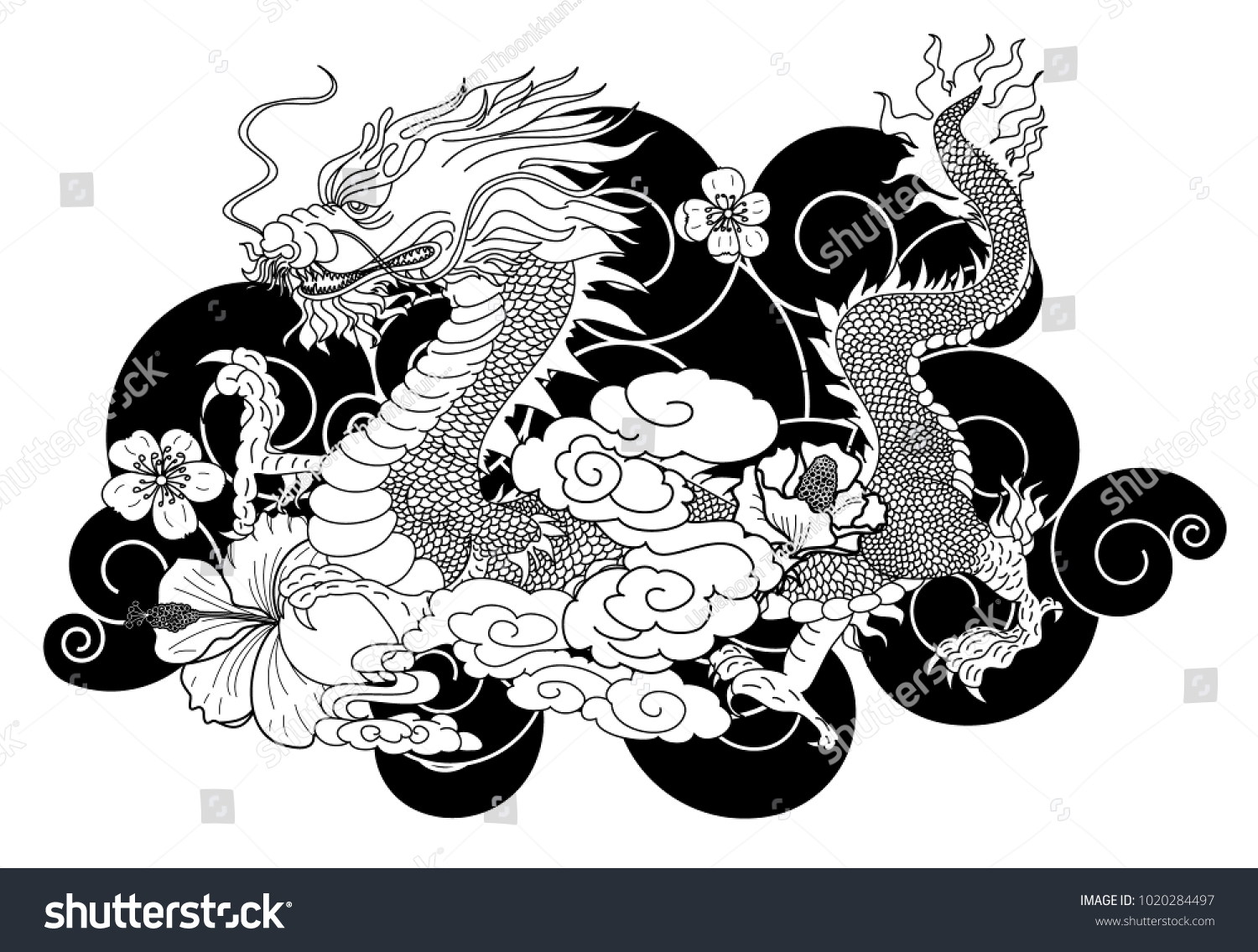 Black White Japanese Dragon Wallpaper Tattoo Chinese Stock Vector