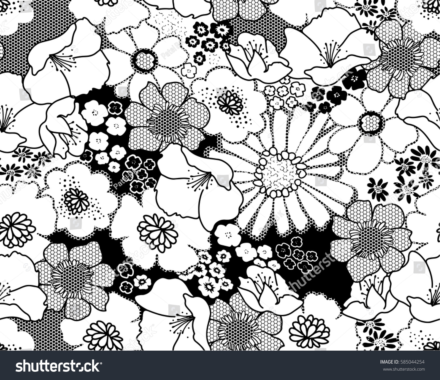 Black White Lace Floral Pattern Stock Vector (Royalty Free) 585044254 ...