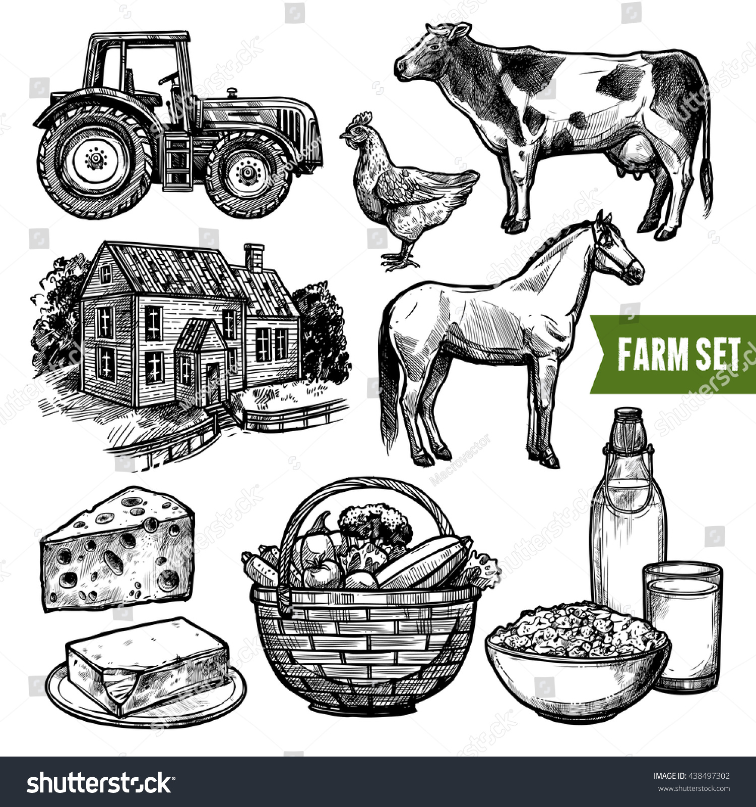 Black White Organic Farm Set Healthy Stock Vector Royalty Free