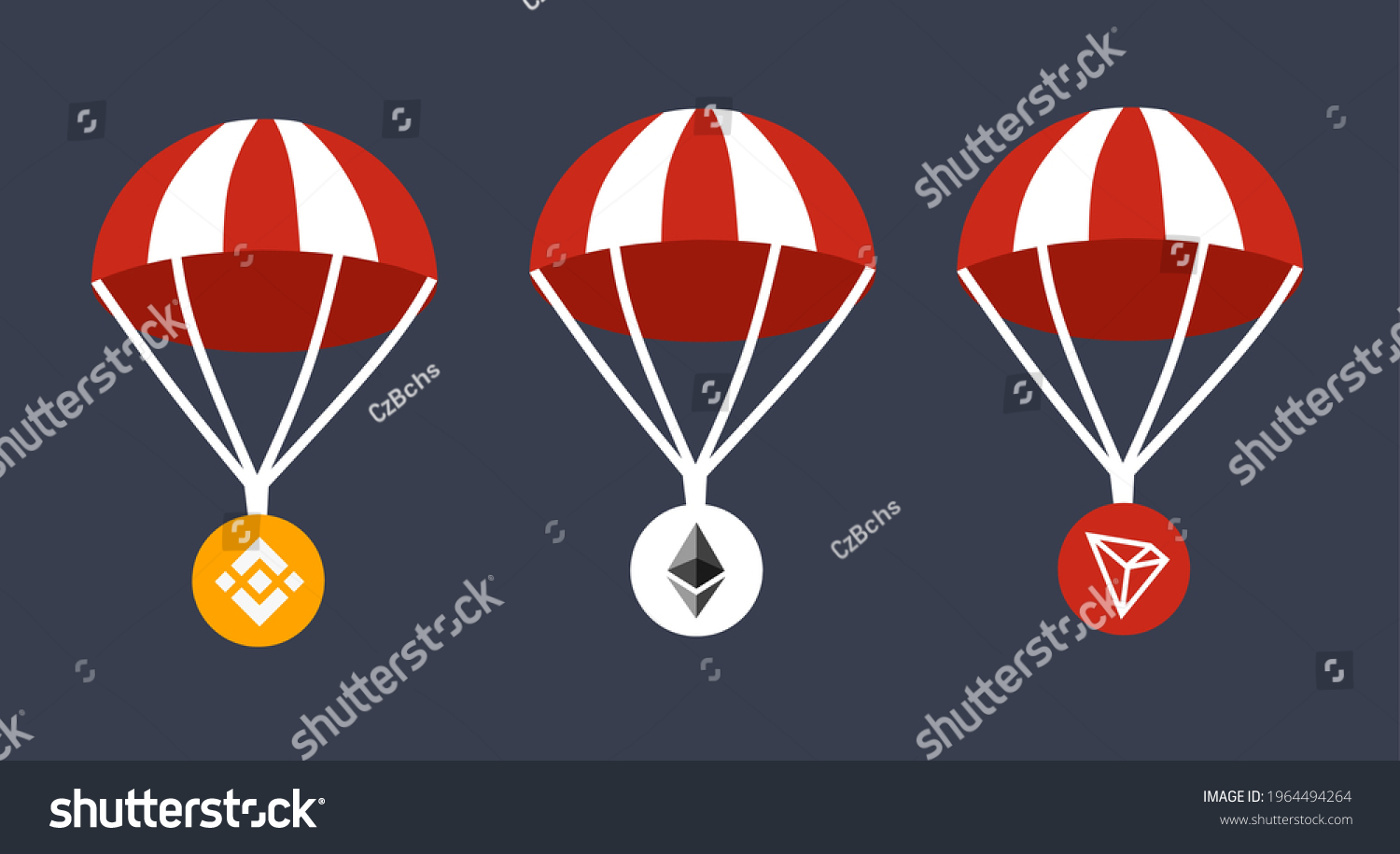 SVG of Black and white parachute with binance, ethereum, and tron ​​coins.  illustration for smart contract, blockchain, technology, crypto, airdrop bounty.  vector eps 10 svg