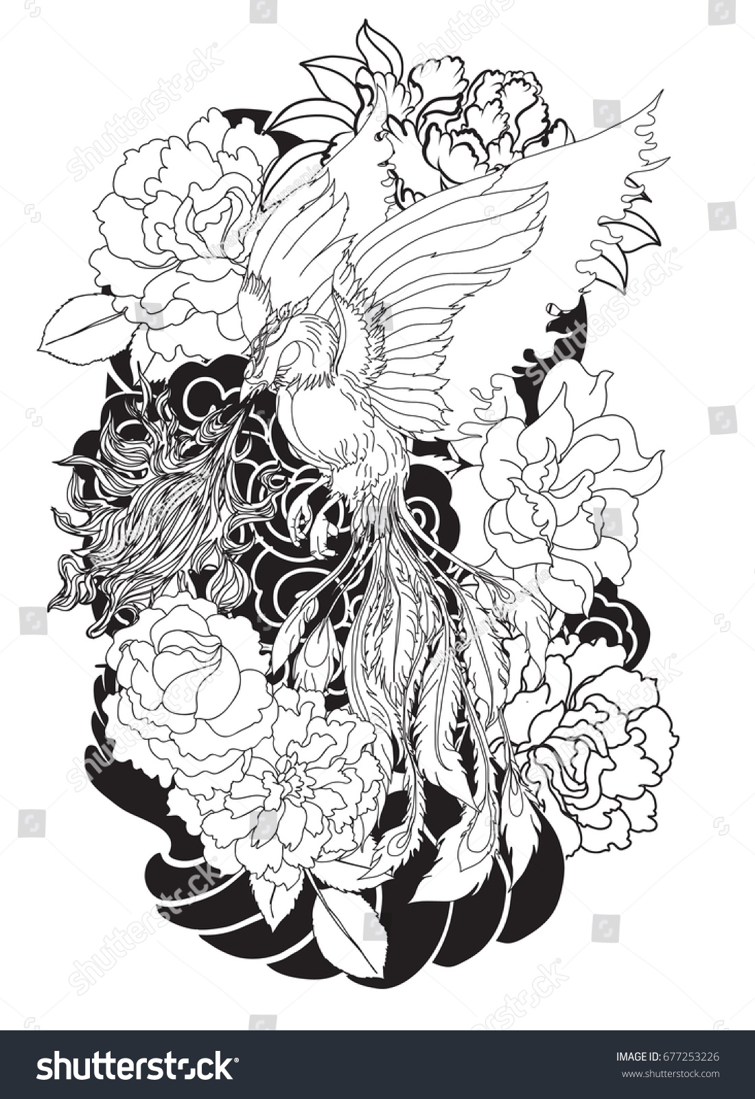 black white phoenix fire bird peony stock vector 677253226 black white phoenix fire bird peony stock vector 677253226