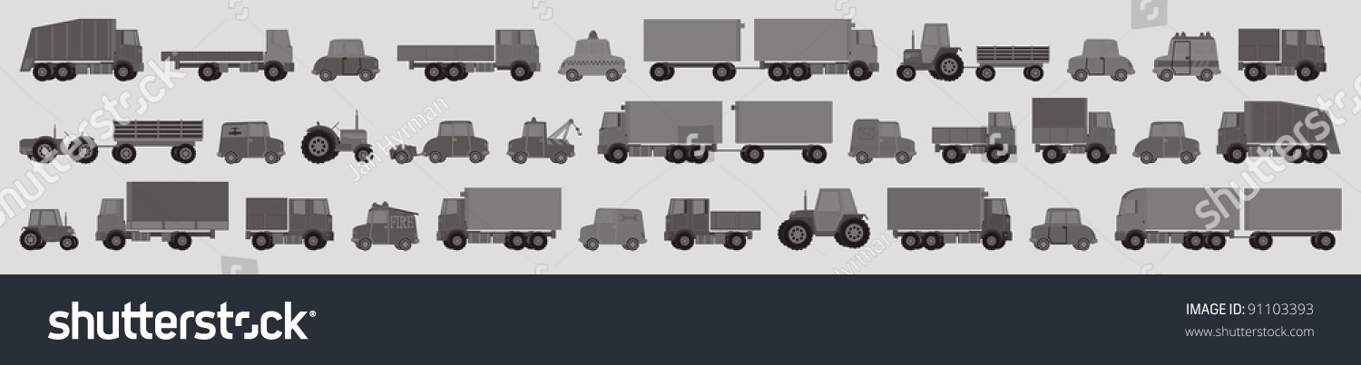 SVG of Black and white retro cartoons of trucks, cars and tractors - vector cartoon illustration set svg