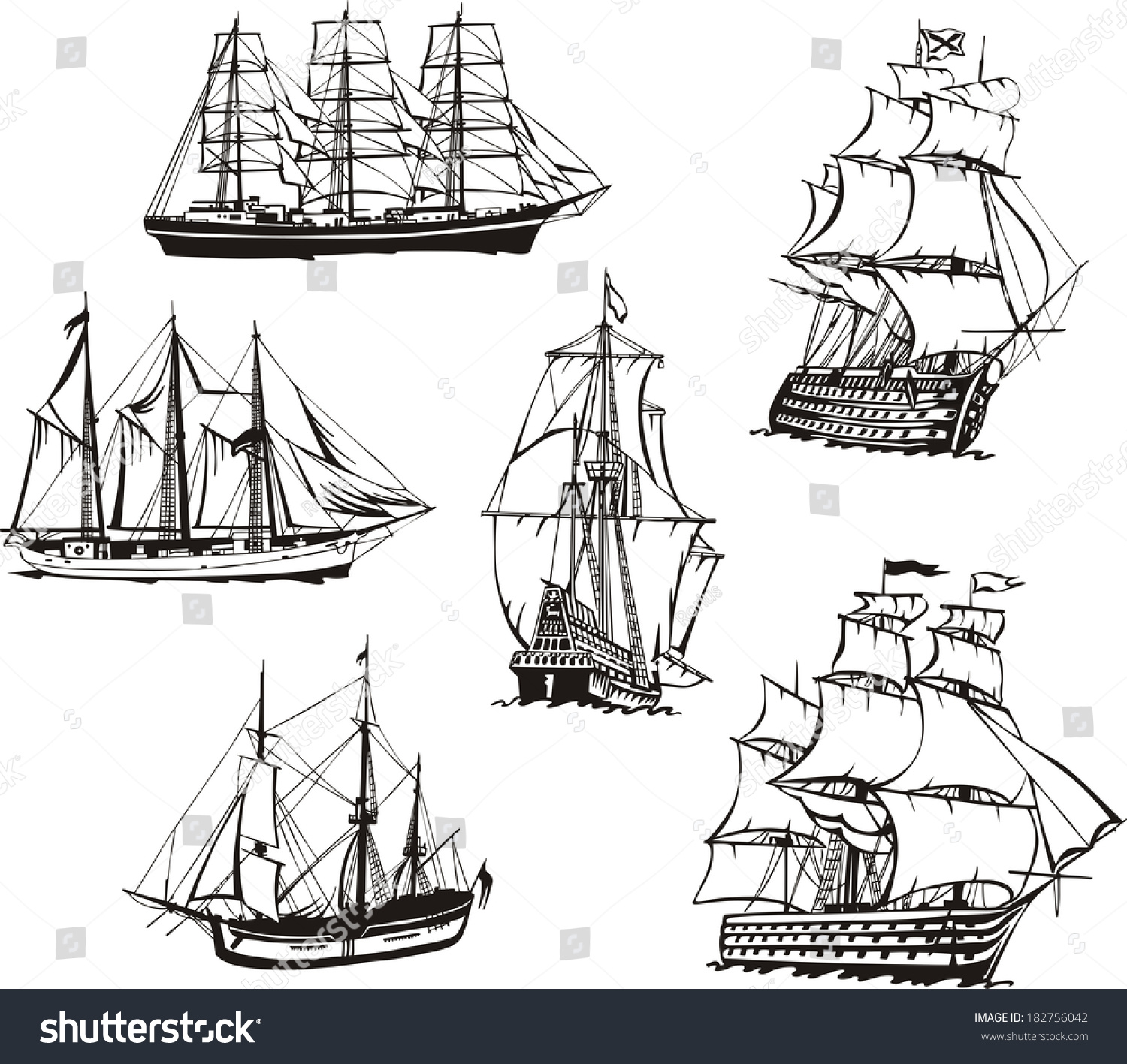 Black And White Sketches Of Sailing Ships. Set Of Vector Illustrations ...