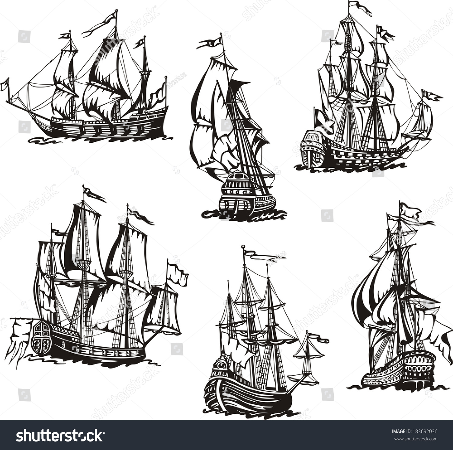 Black And White Sketches Of Sailing Ships. Set Of Vector Illustrations ...