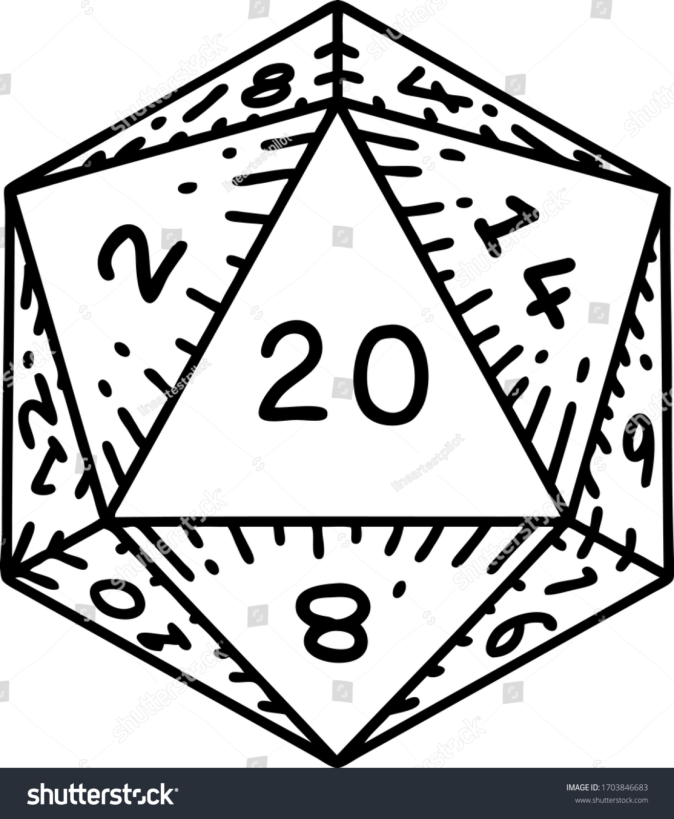 SVG of Black and White Tattoo linework Style natural 20 D20 dice roll svg