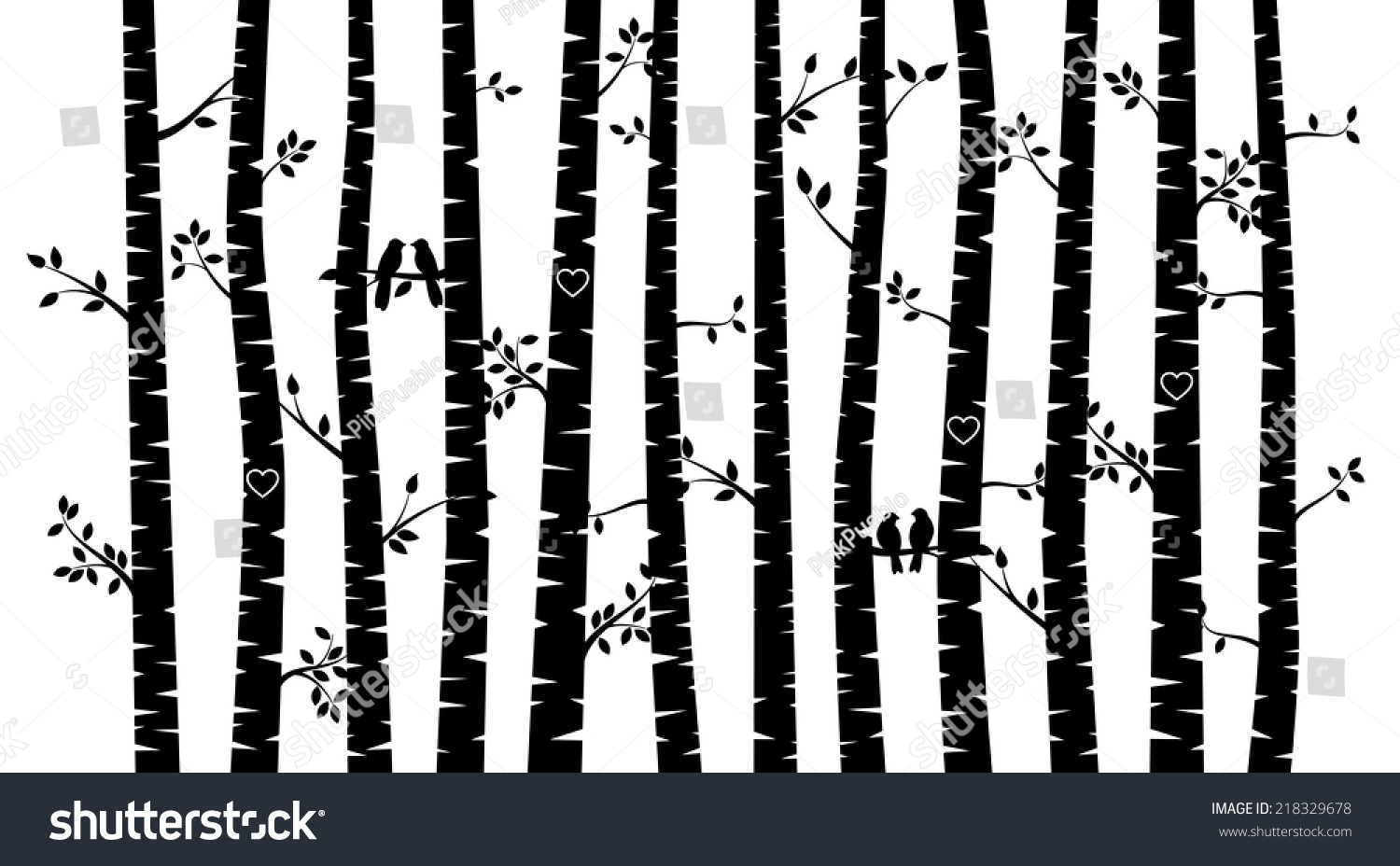 SVG of Black and White Vector Birch Tree Silhouette Background with Birds svg