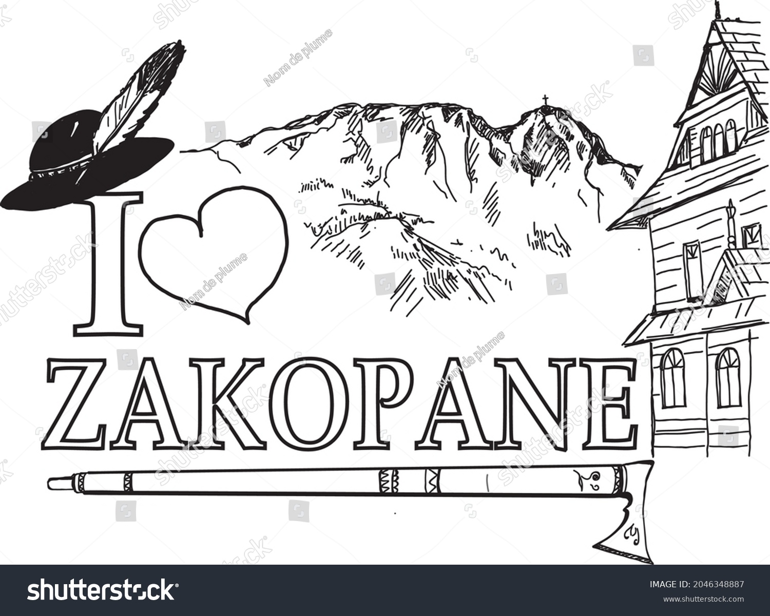 SVG of Black and white vector graphics depicting the inscription Zakopane and a heart, as well as mountains and a wooden highlander house. svg