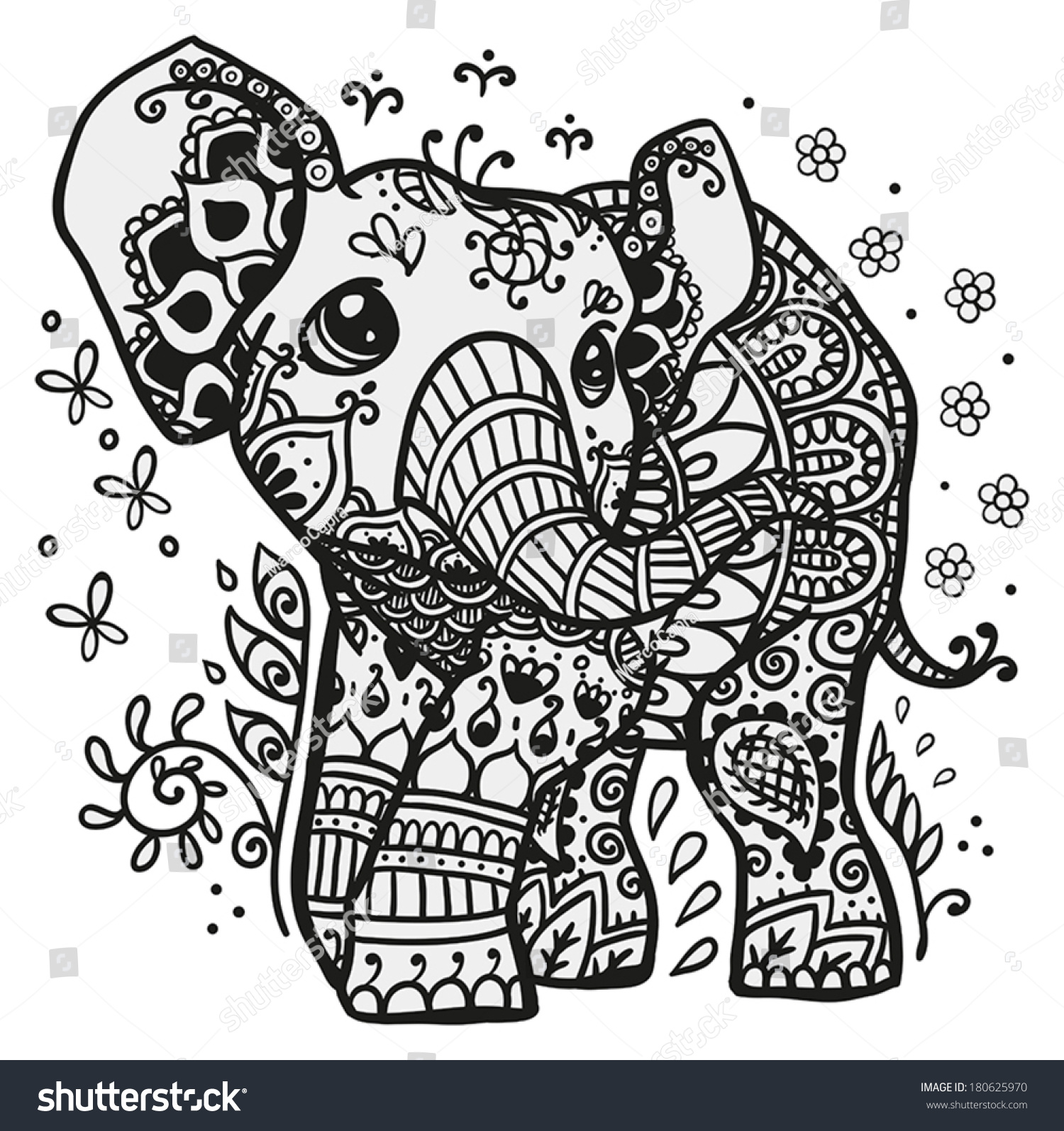 Black And White Vector Illustration Of A Baby Elephant With Mandala ...