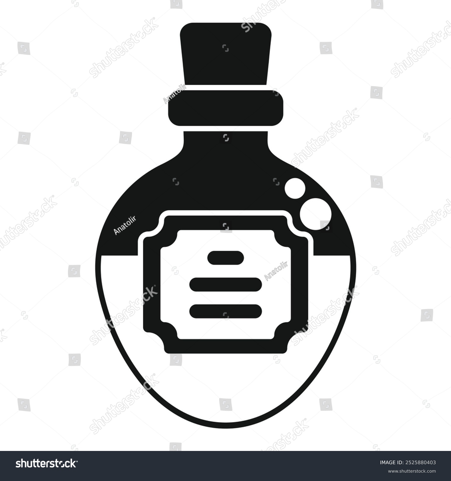 recommend clip art: Black and white vector illustration of a potion bottle with a cork stopper and blank label, containing a bubbling liquid