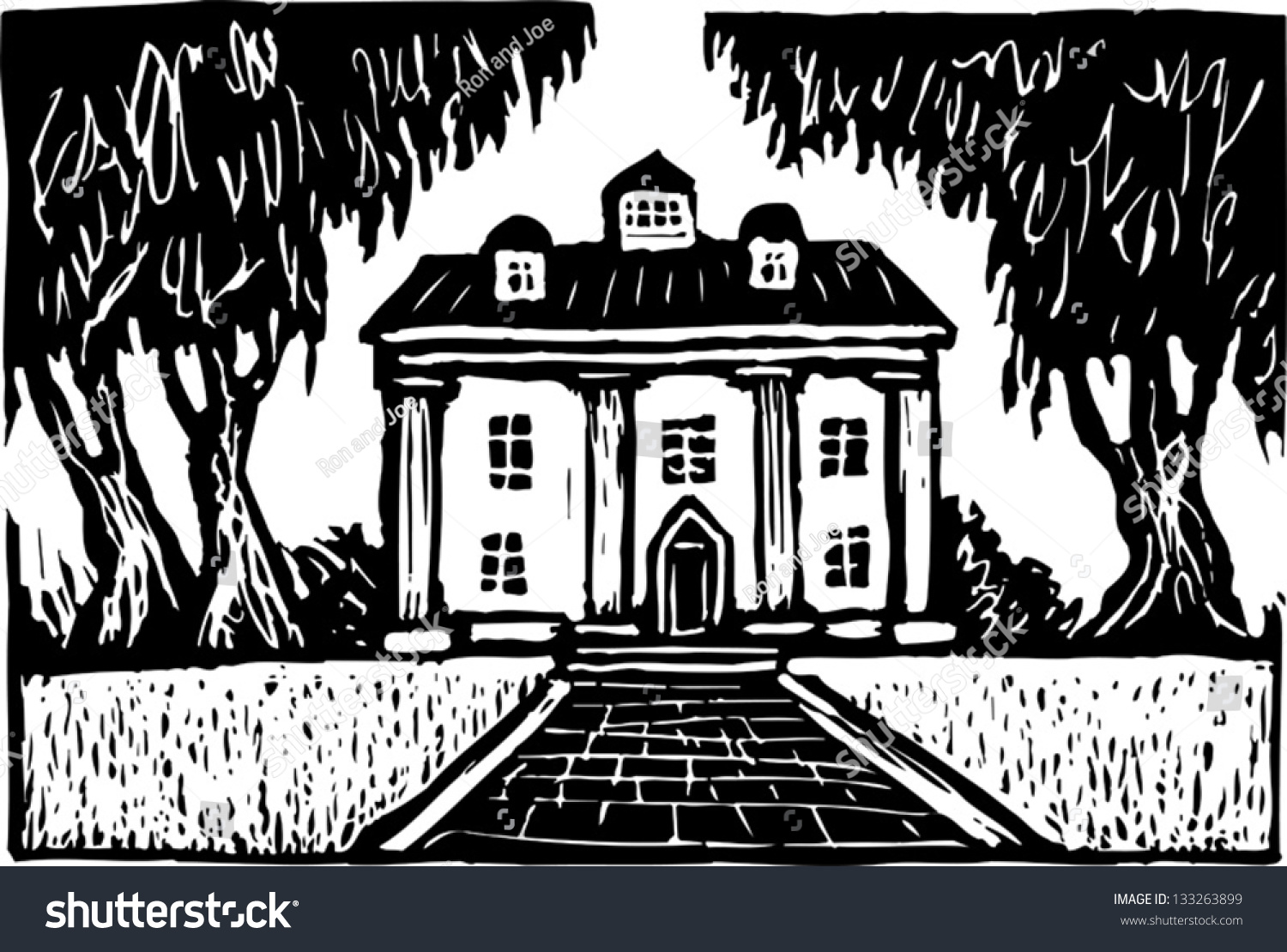 Black White Vector Illustration Southern Plantation Stock Vector Royalty Free 133263899