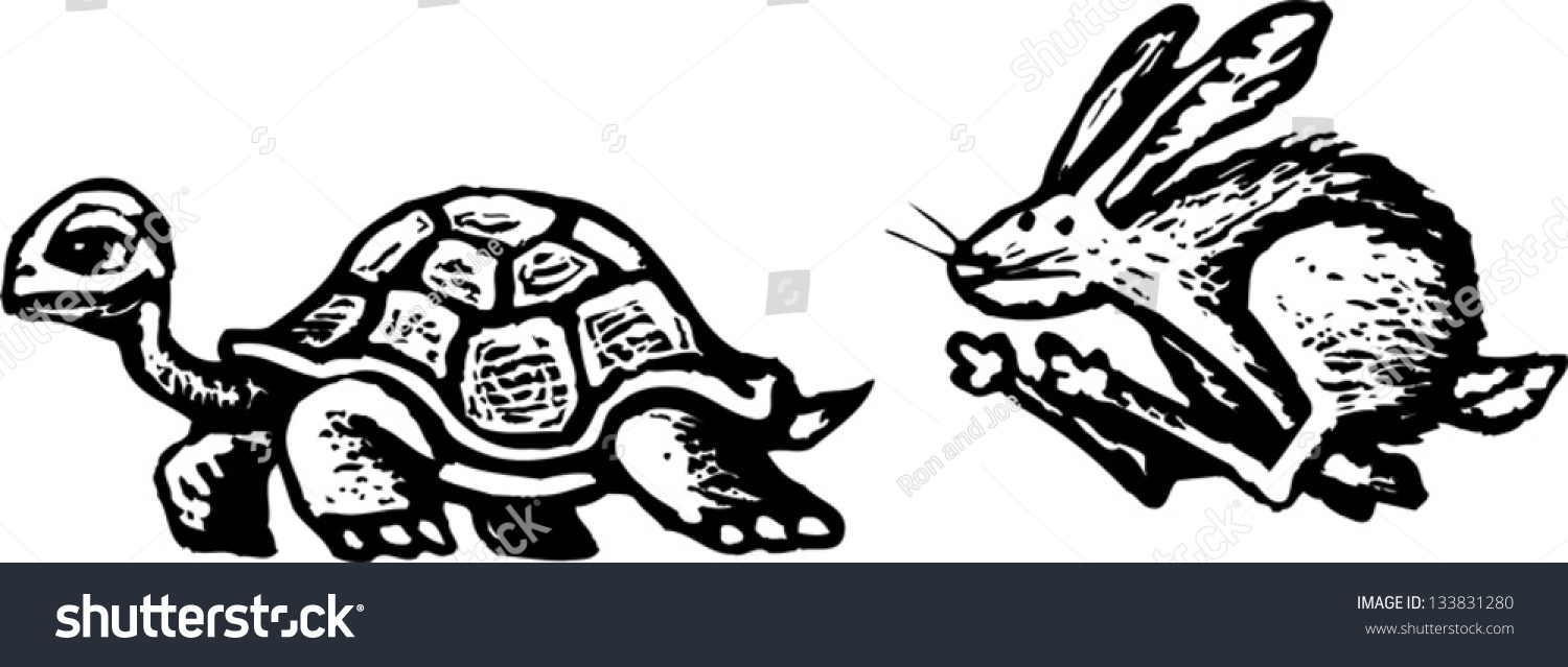 Black And White Vector Illustration Of Turtle And Hare - 133831280 ...