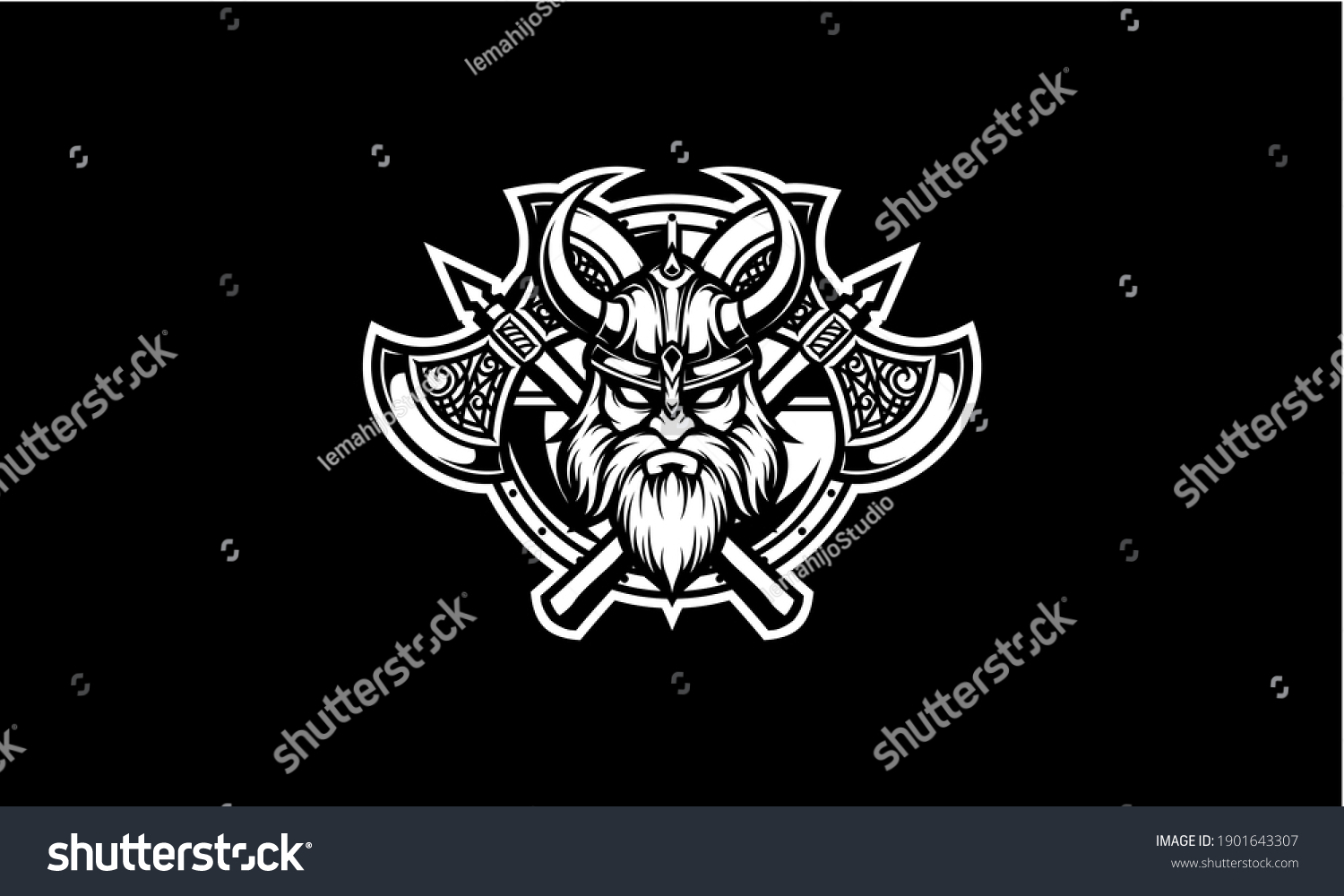 SVG of Black and white viking head with shield and axe vector emblem svg