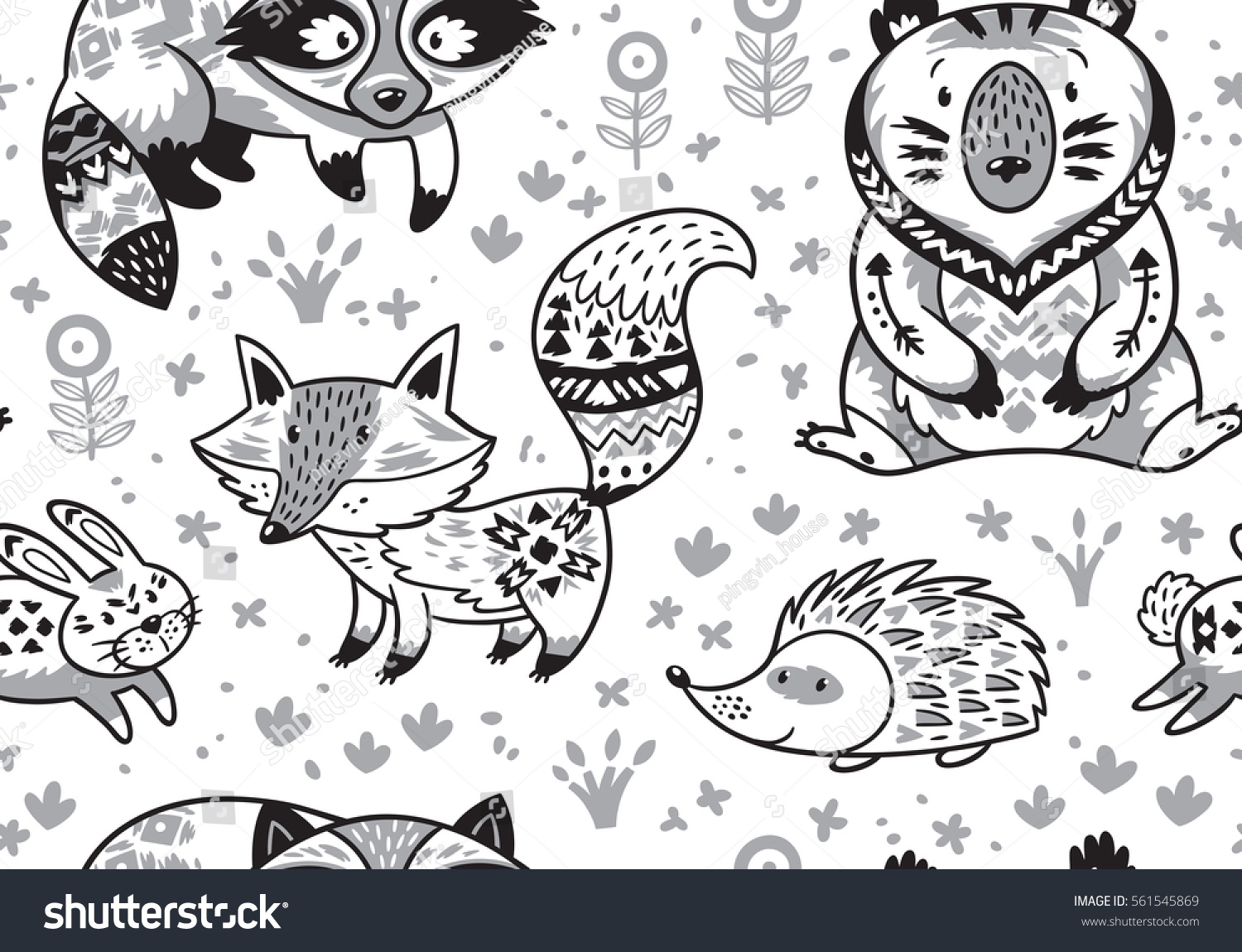 Black and white woodland animals pattern in scandinavian style Coloring page with cartoon characters