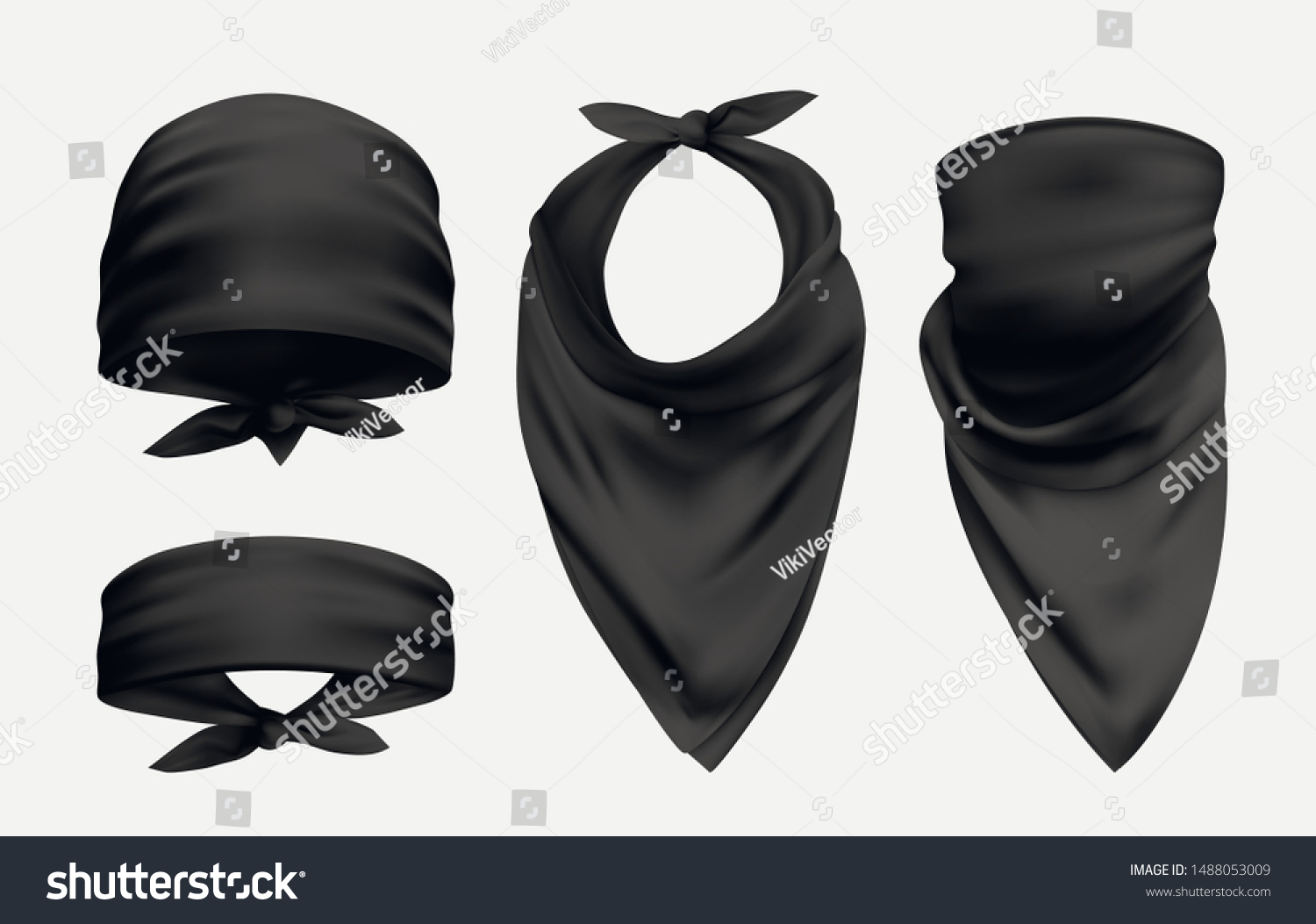 SVG of Black bandana realistic illustrations set. Head and neck 3d accessory. Biker and cowboy clothes for protecting face isolated on white background. Fashionable silk kerchief. Unisex clothing svg