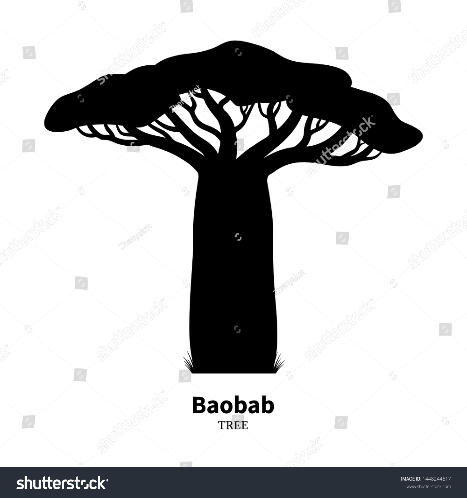 SVG of Black baobab tree silhouette. Vector illustration isolated on white background. Baobab logo icon. svg