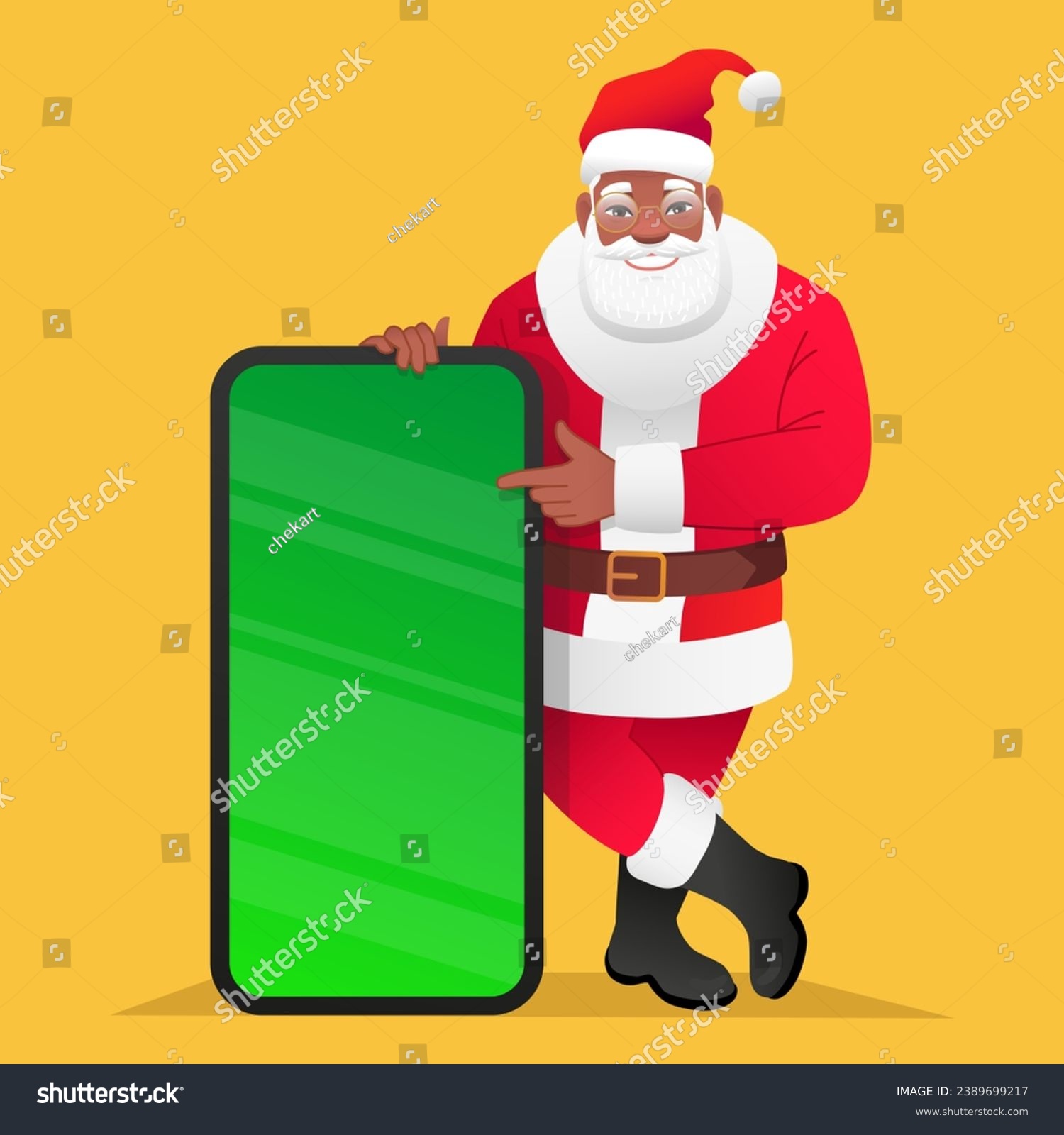 SVG of Black bearded Santa Claus leans on a large phone with a chroma key. African Santa points to the smartphone screen. Christmas concept for mobile app advertising. Vector illustration. svg