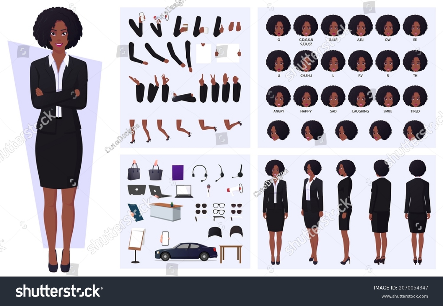 Black Business Woman Cartoon Character Set Stock Vector (Royalty Free