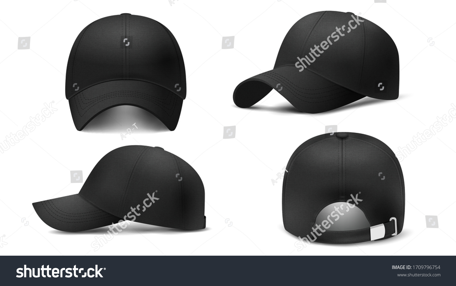 SVG of Black cap Mockup, realistic 3D. Hat blank template, baseball caps, vector illustration set. Collection of modern realistic fashion accessories,headgear,headwear, headdress svg