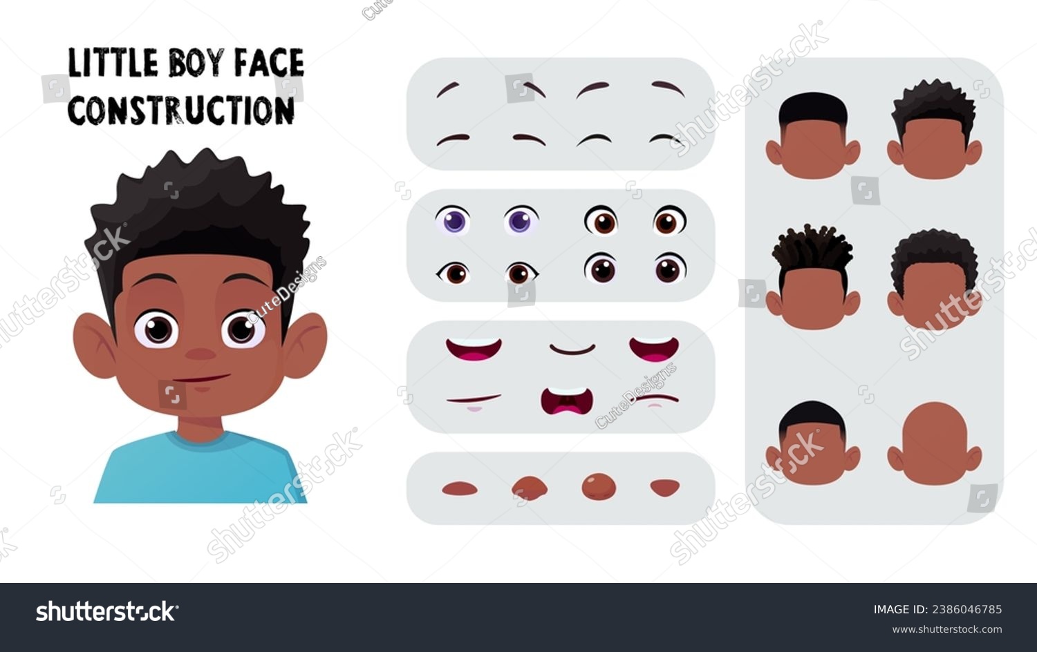 SVG of Black Cartoon Boy Face Construction, Child Avatar Maker with Afro Hair, Eyes and Mouth Premium Vector svg