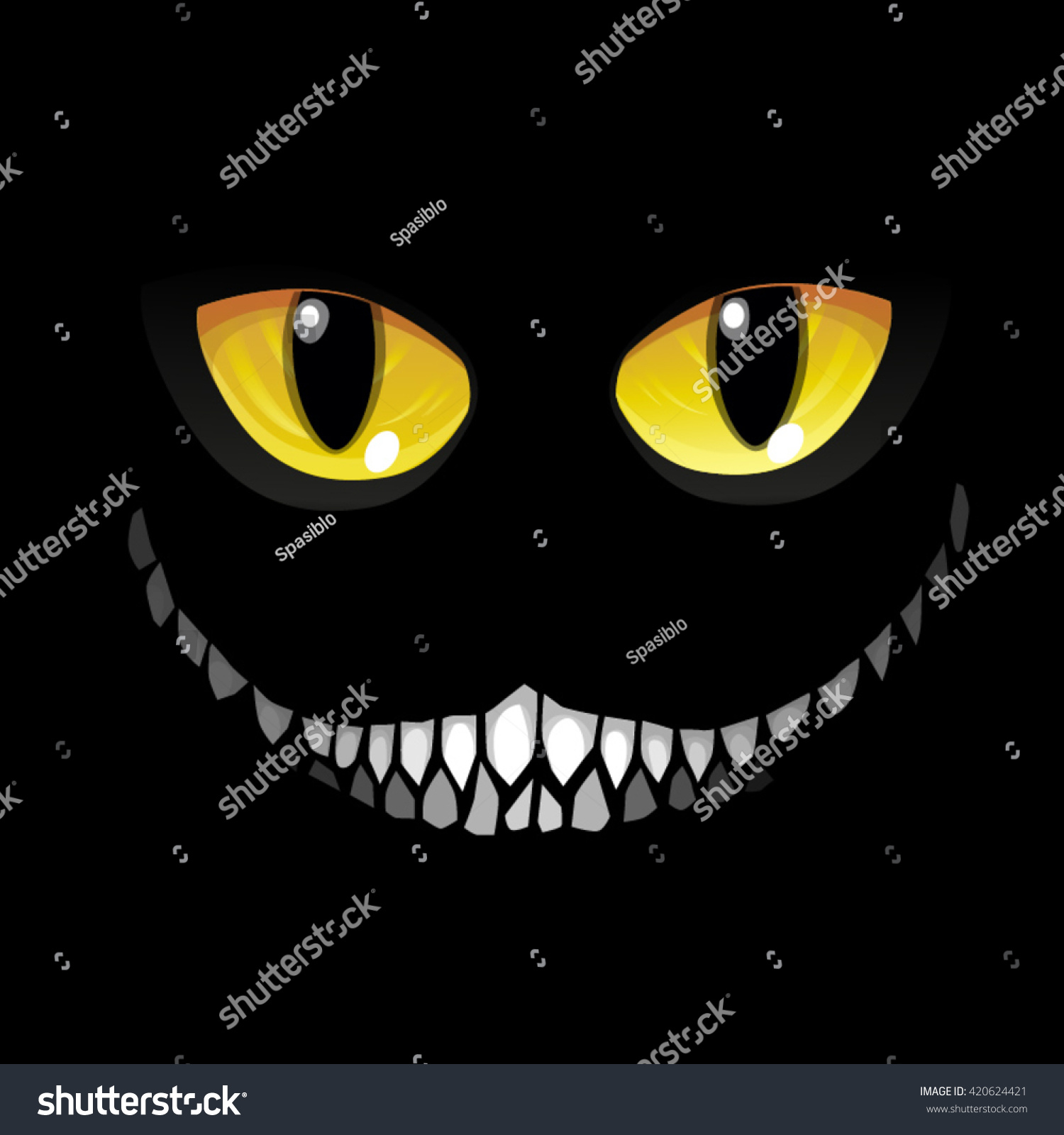 SVG of Black cat in darkness. Glowing eyes and a sinister smile. Vector illustration. svg