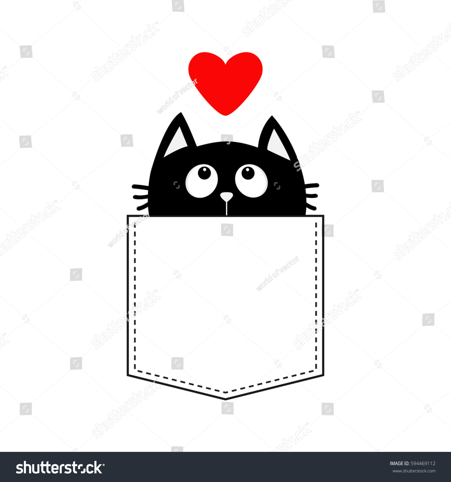SVG of Black cat in the pocket looking up to red heart. T-shirt design. Cute cartoon character. Kawaii animal. Love Greeting card. Flat design style. White background. Isolated. Vector illustration svg