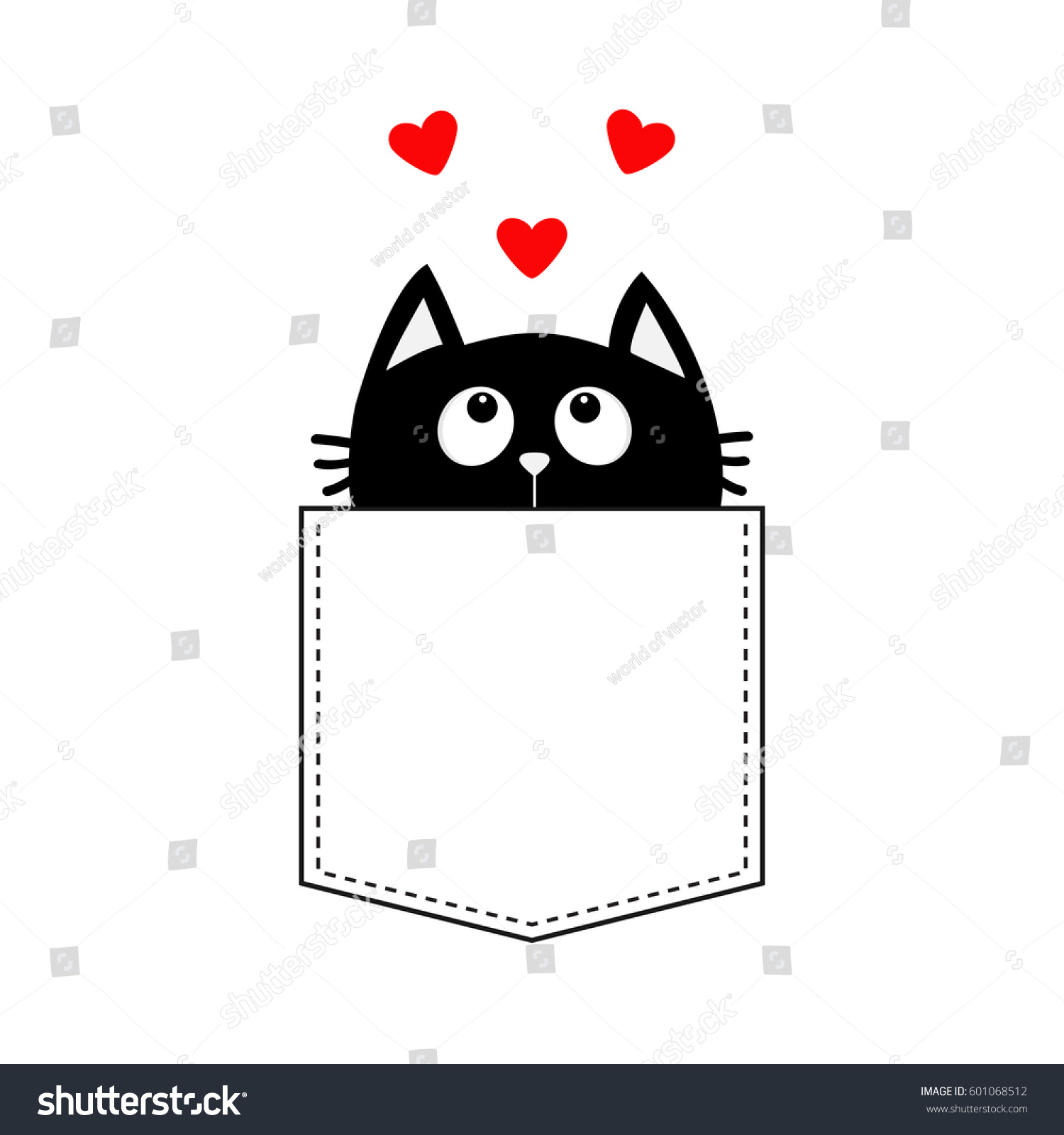 SVG of Black cat in the pocket looking up to three red heart set. T-shirt design. Cute cartoon character. Kawaii animal. Love Greeting card. Flat design style. White background. Isolated. Vector illustration svg